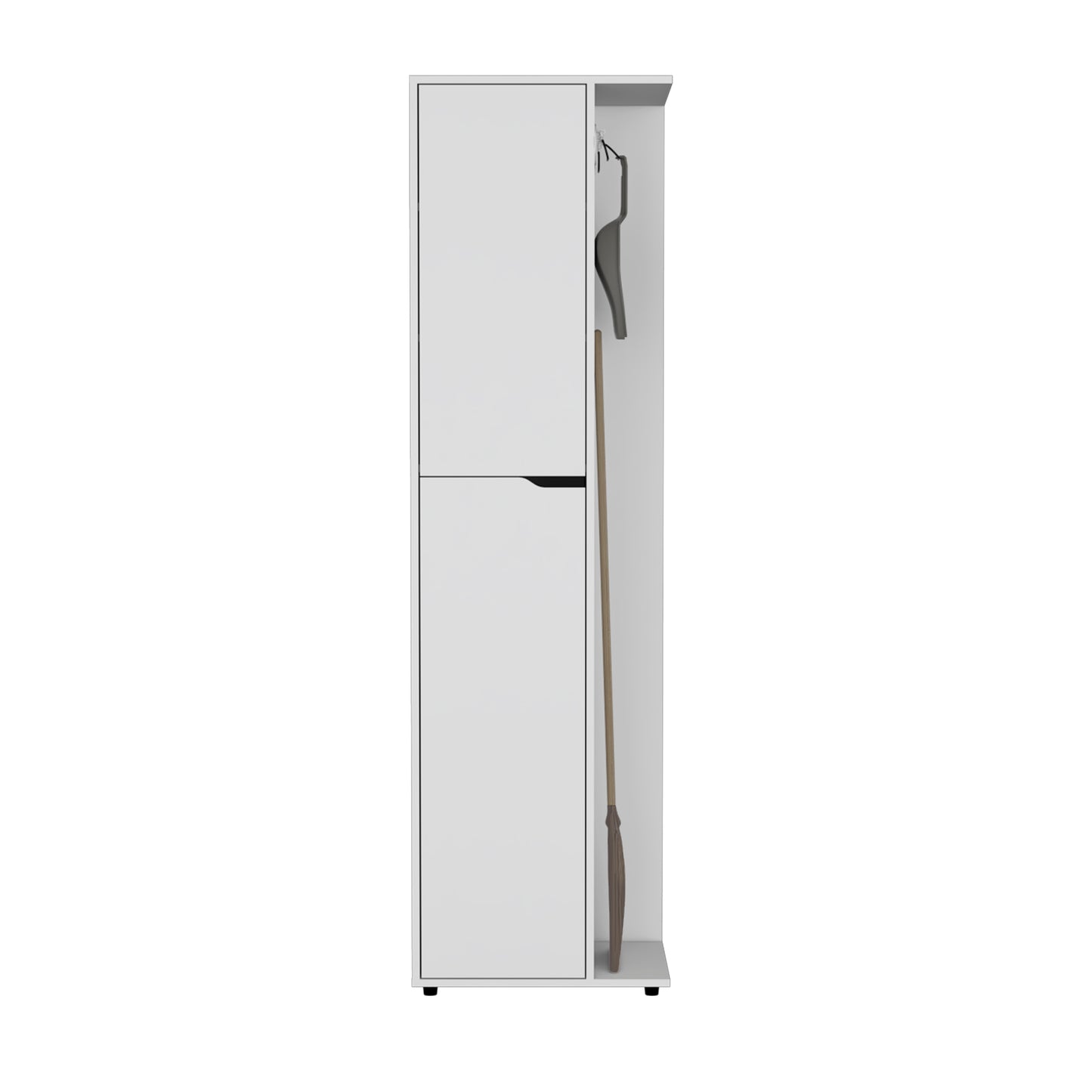 White entryway organizer with hidden compartment and broom storage