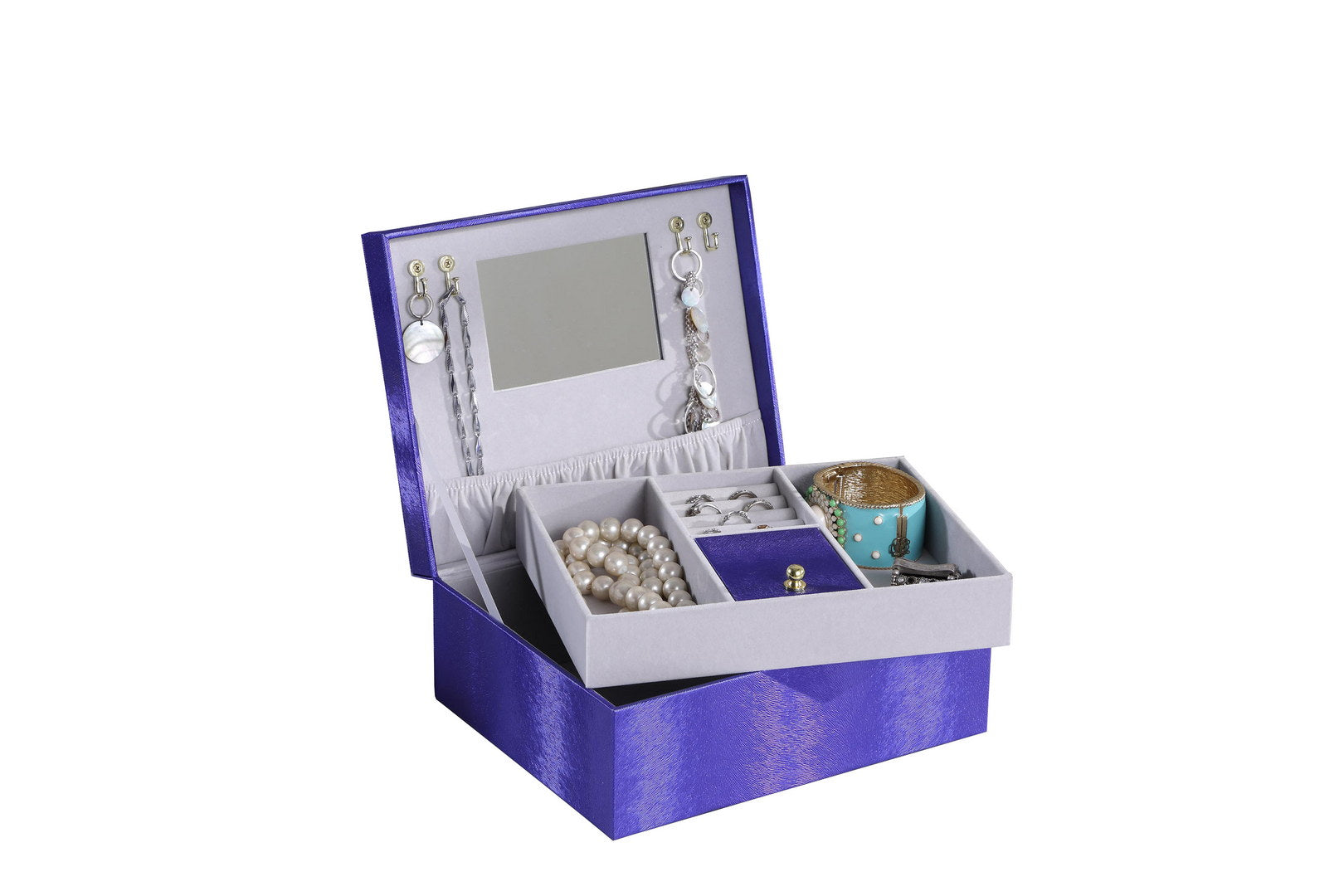 Purple textured jewelry box open with pearl necklace and silver chains inside