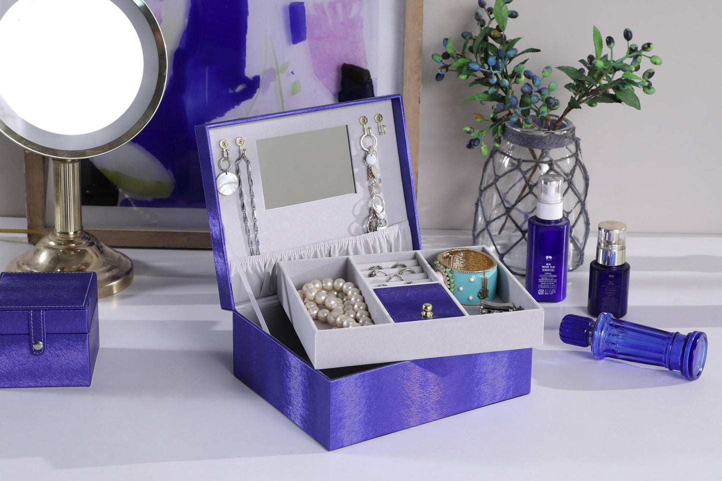 Stylish Jewelry Storage Case with Mirror and Trays in Azure Blue