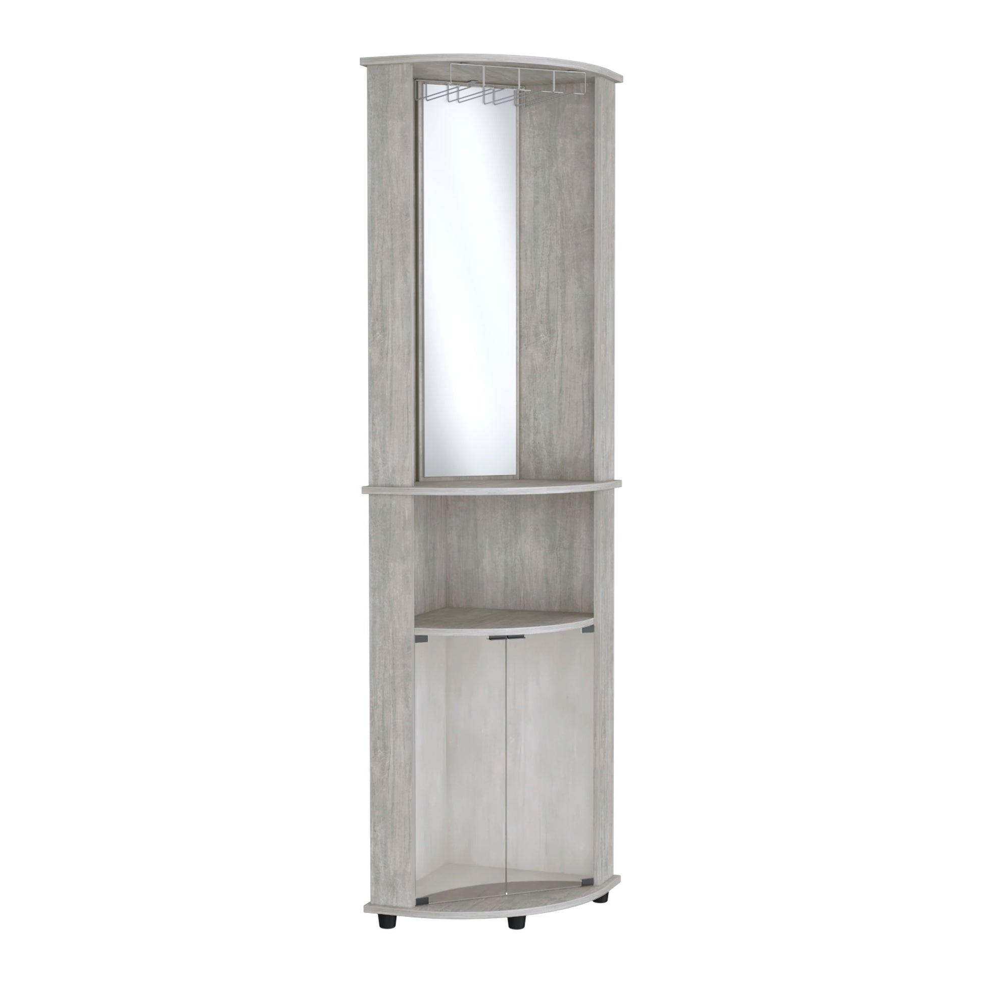 Rustic grey corner cabinet with mirrored door and glass shelves