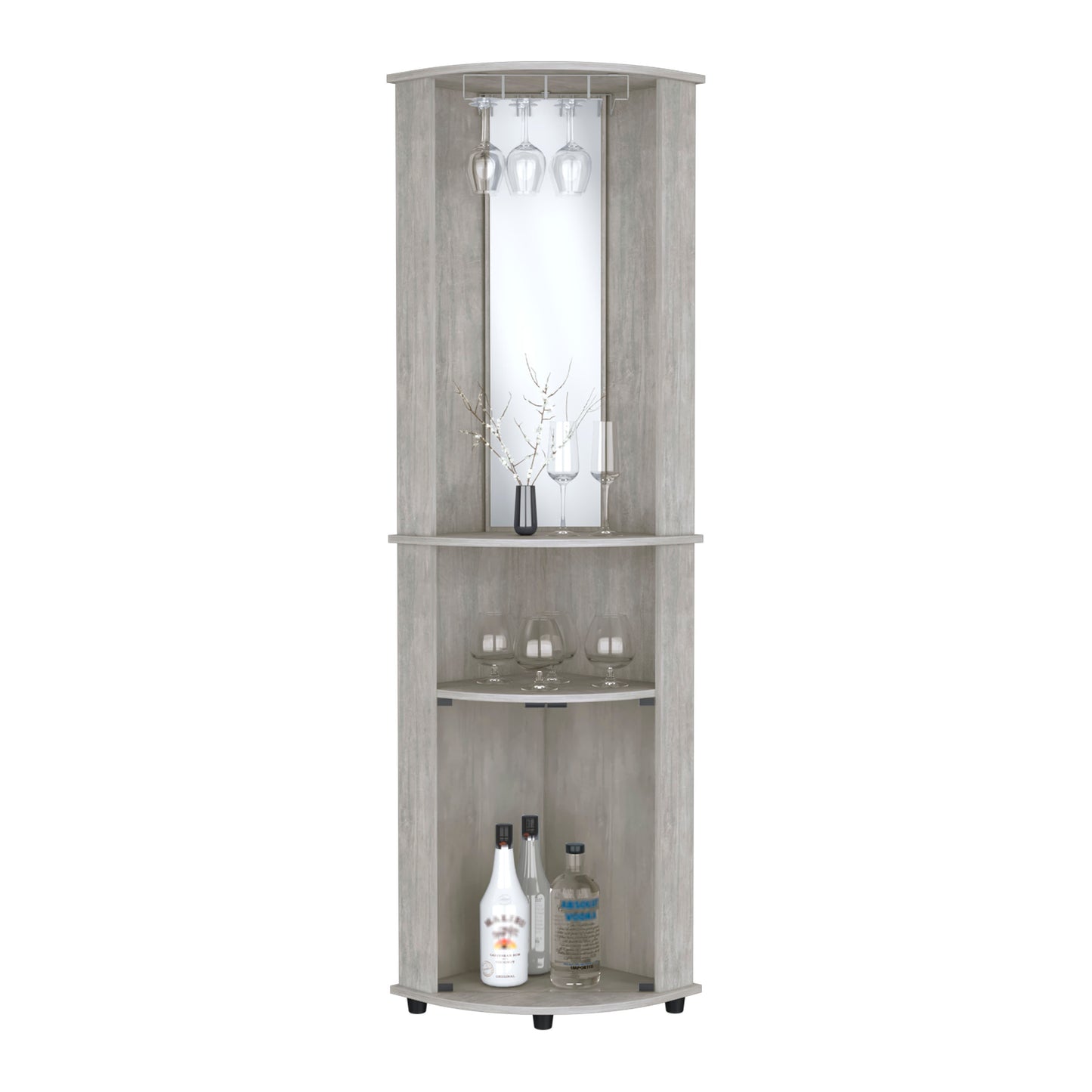 Rustic gray corner bar cabinet with mirrored back and wine glass rack