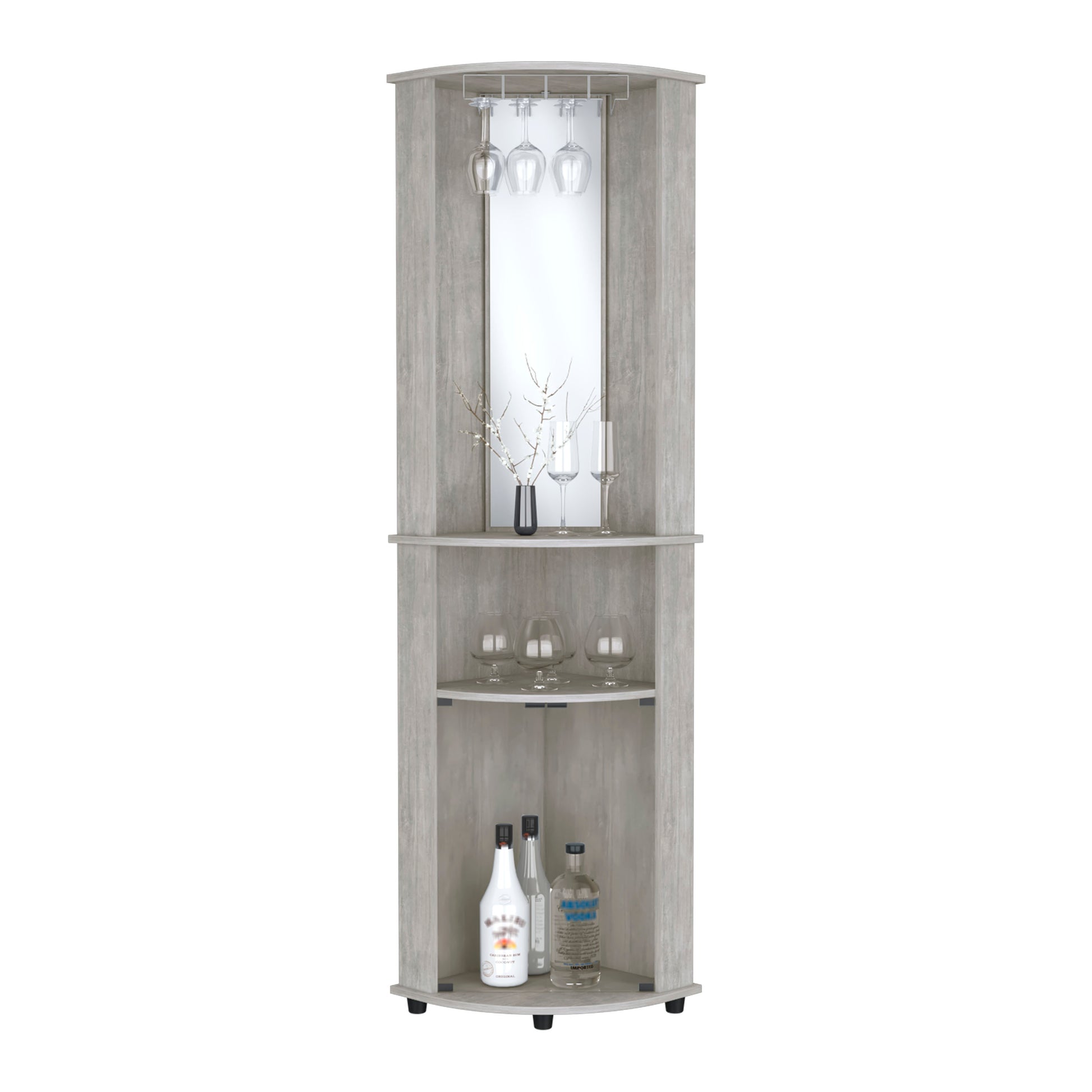 Rustic gray corner bar cabinet with mirrored back and wine glass rack
