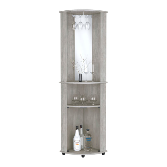 Rustic gray corner bar cabinet with mirrored back and wine glass rack
