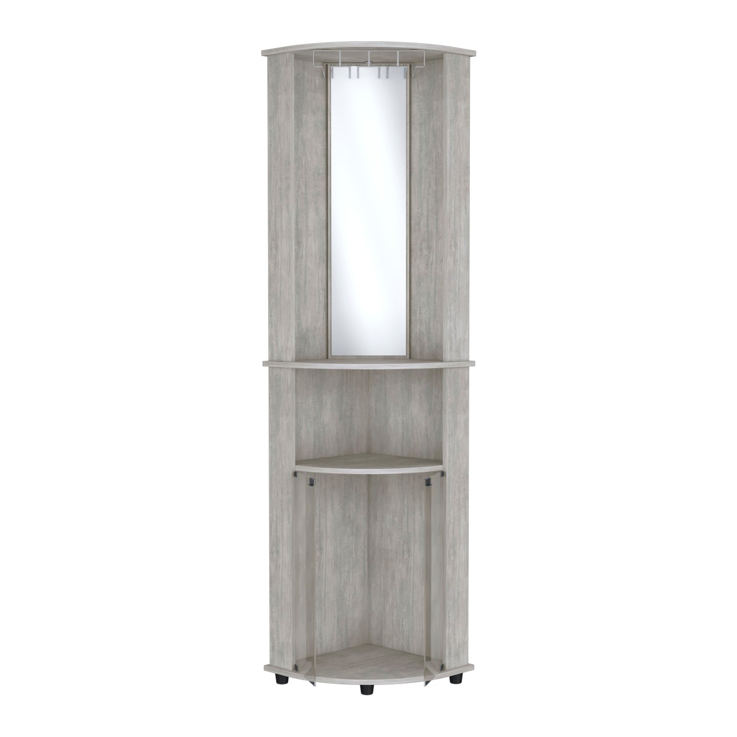 Light gray wood veneer corner shelf unit with fulllength mirror and  shelves