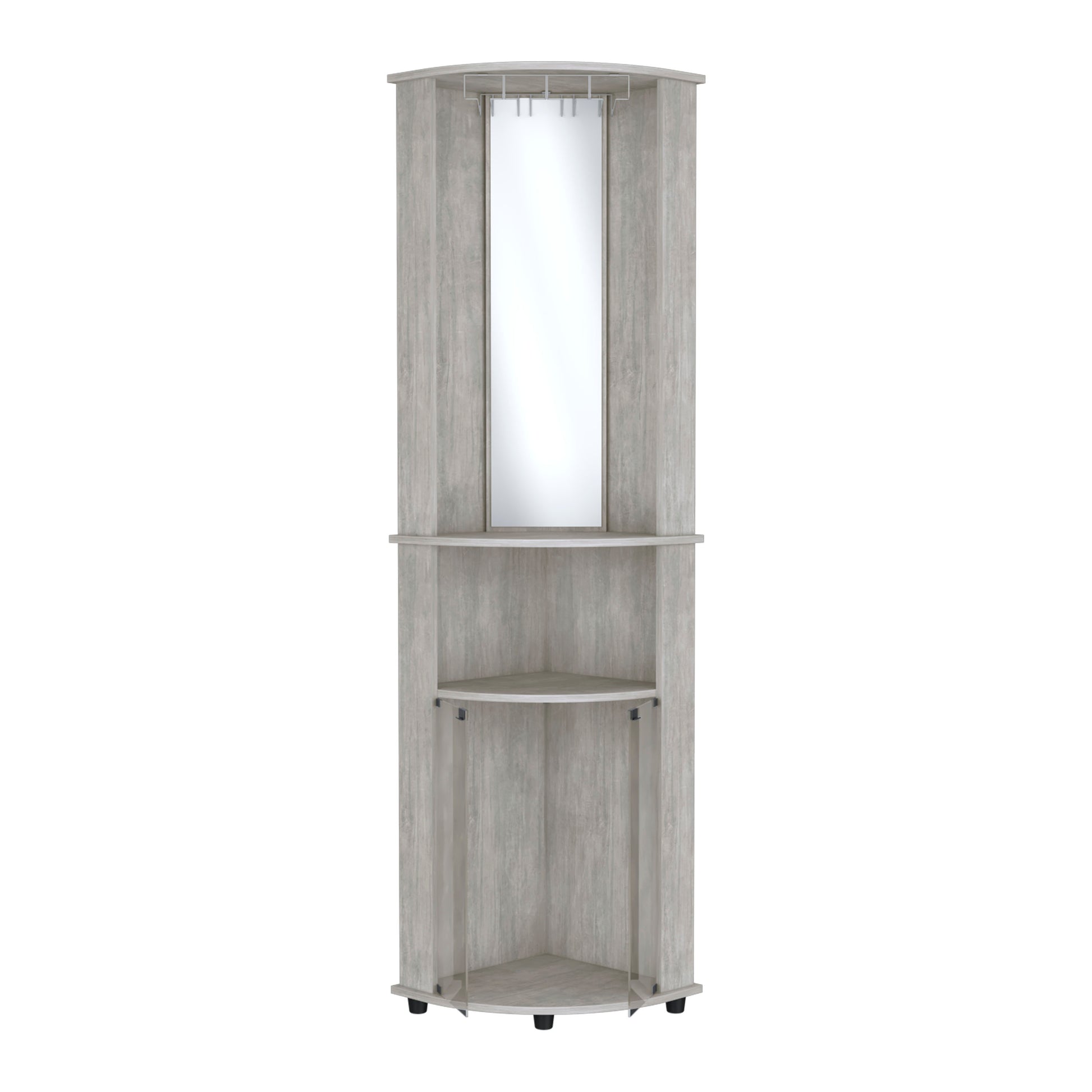 Light gray wood veneer corner shelf unit with fulllength mirror and  shelves