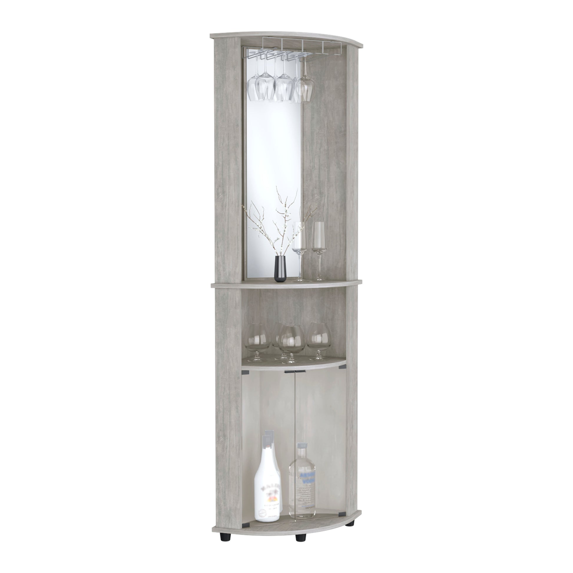 Grey corner bar cabinet with glass rack and mirror