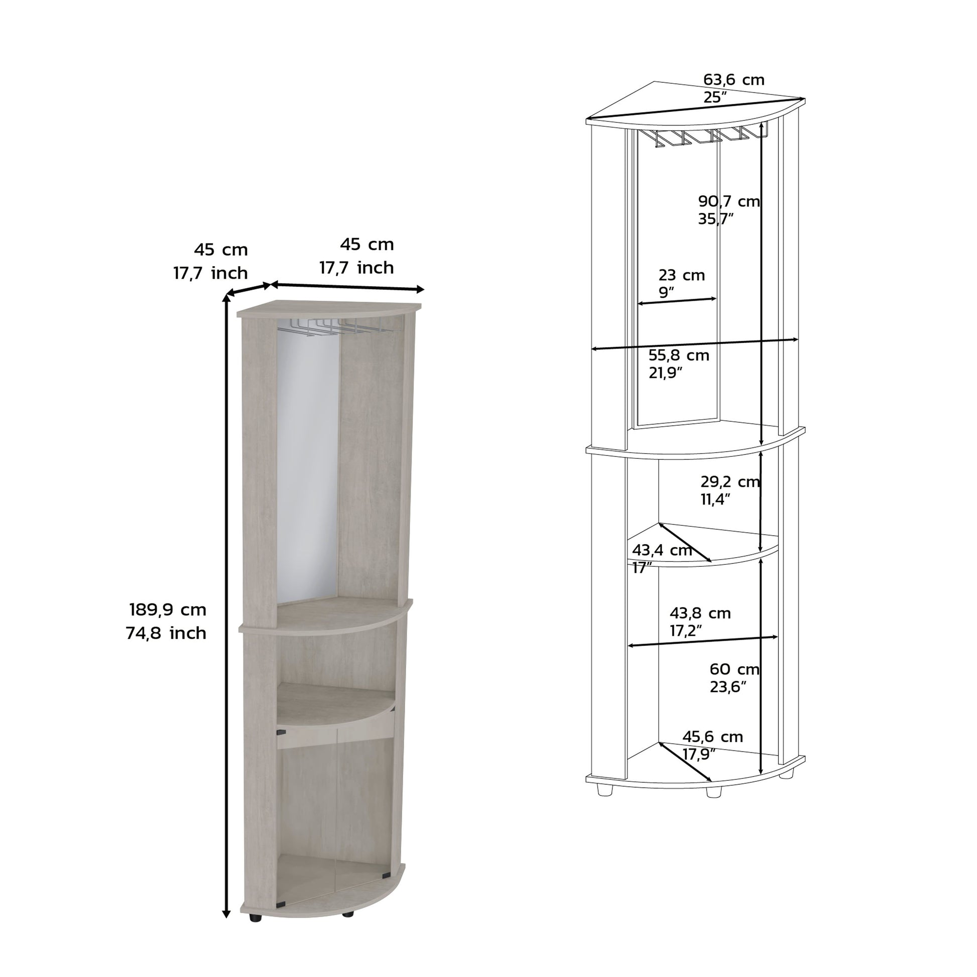 Light wood corner bar cabinet with glass holders and shelves