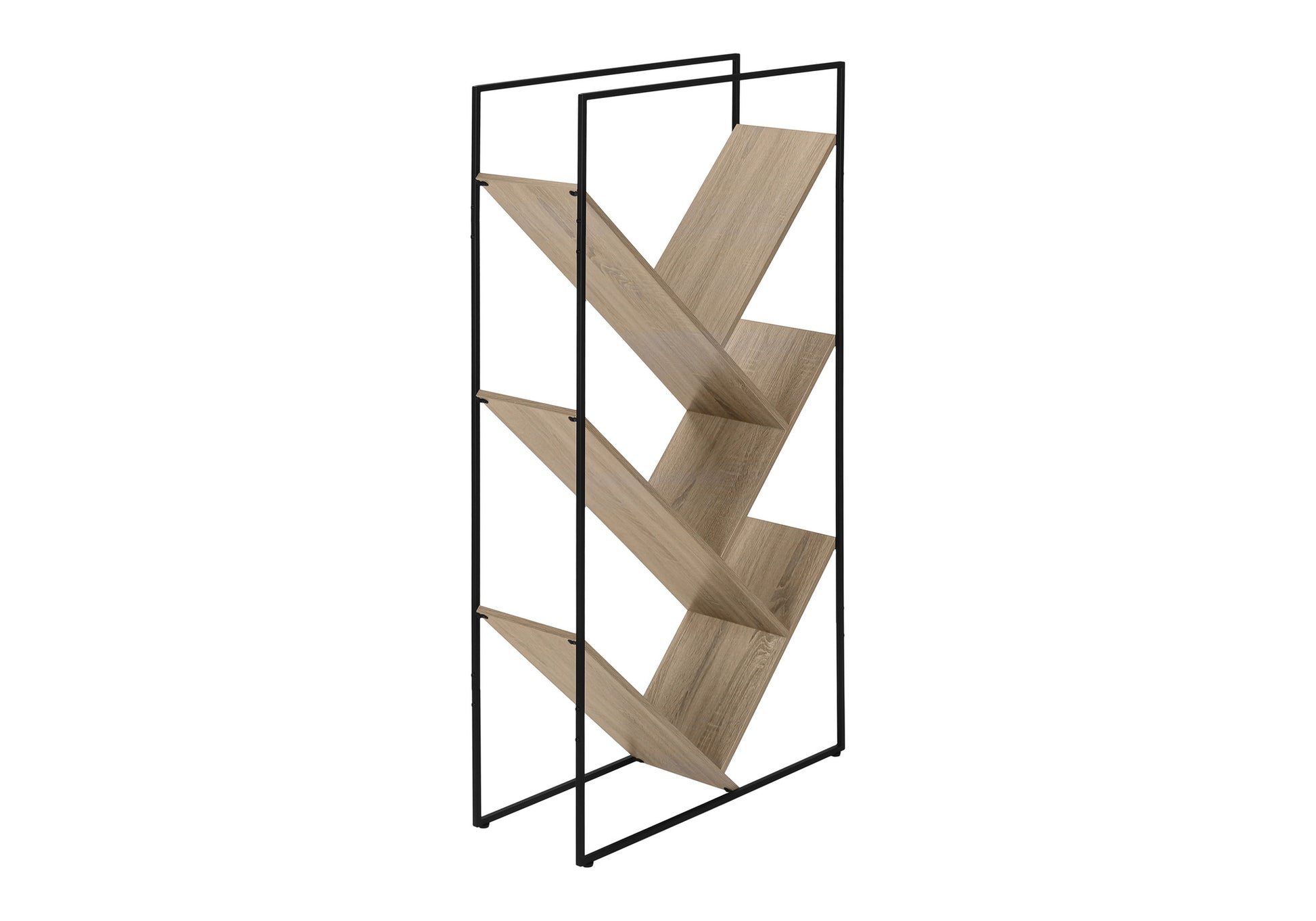 Modern open bookshelf with light oak wood shelves and black metal frame