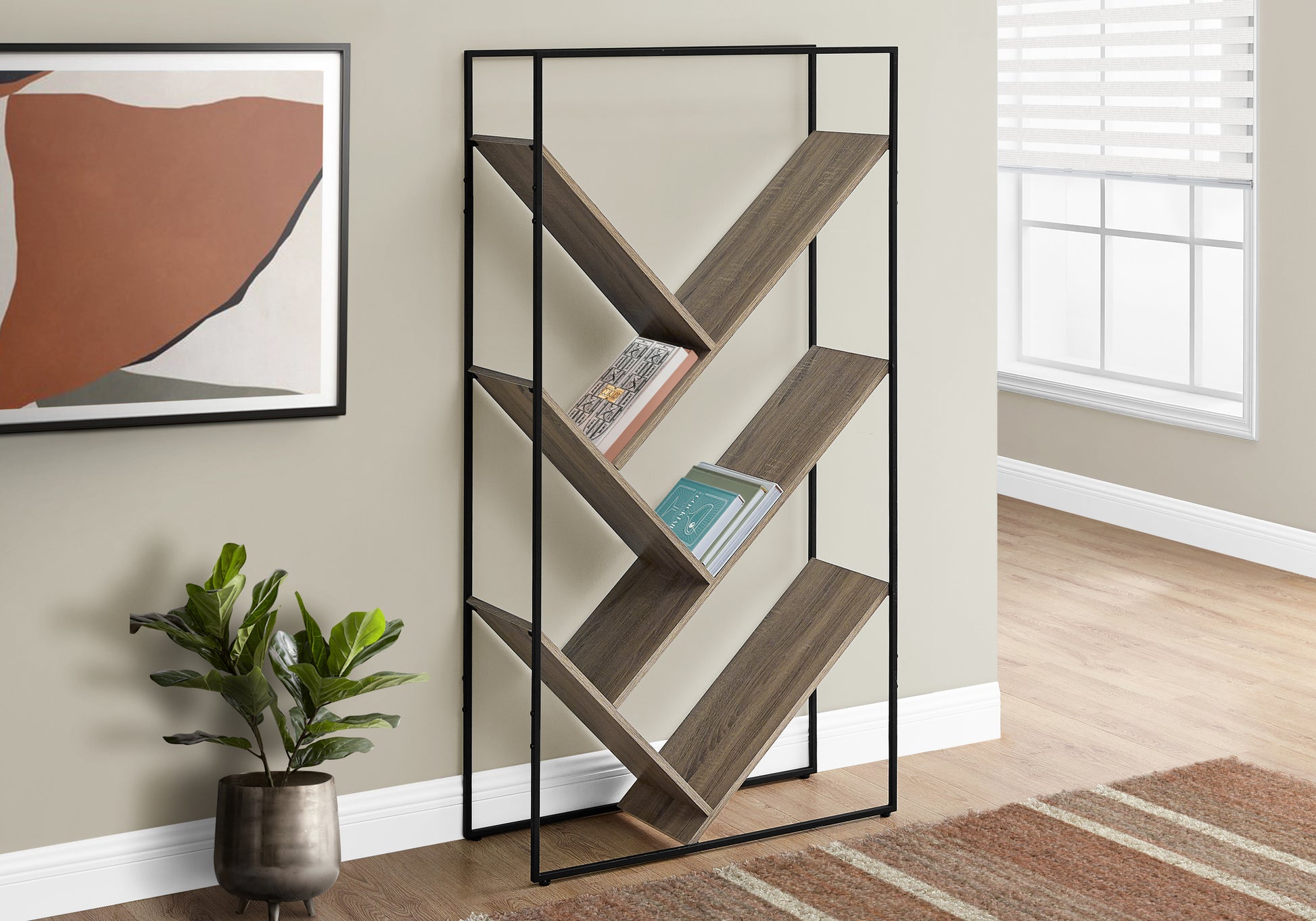 Modern wood and metal bookshelf with asymmetric shelves