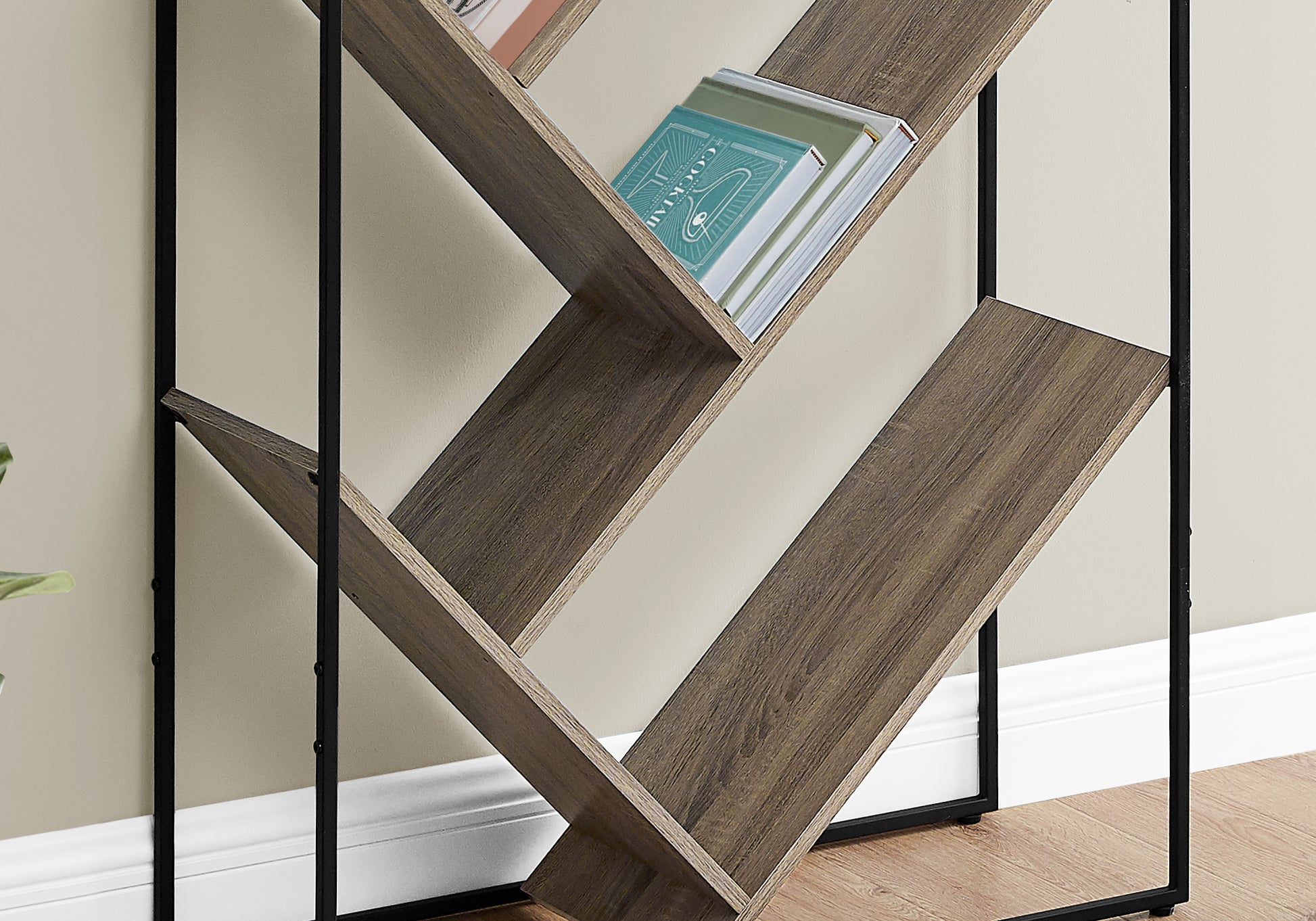 Modern open shelf bookshelf with rustic wood finish and black metal frame