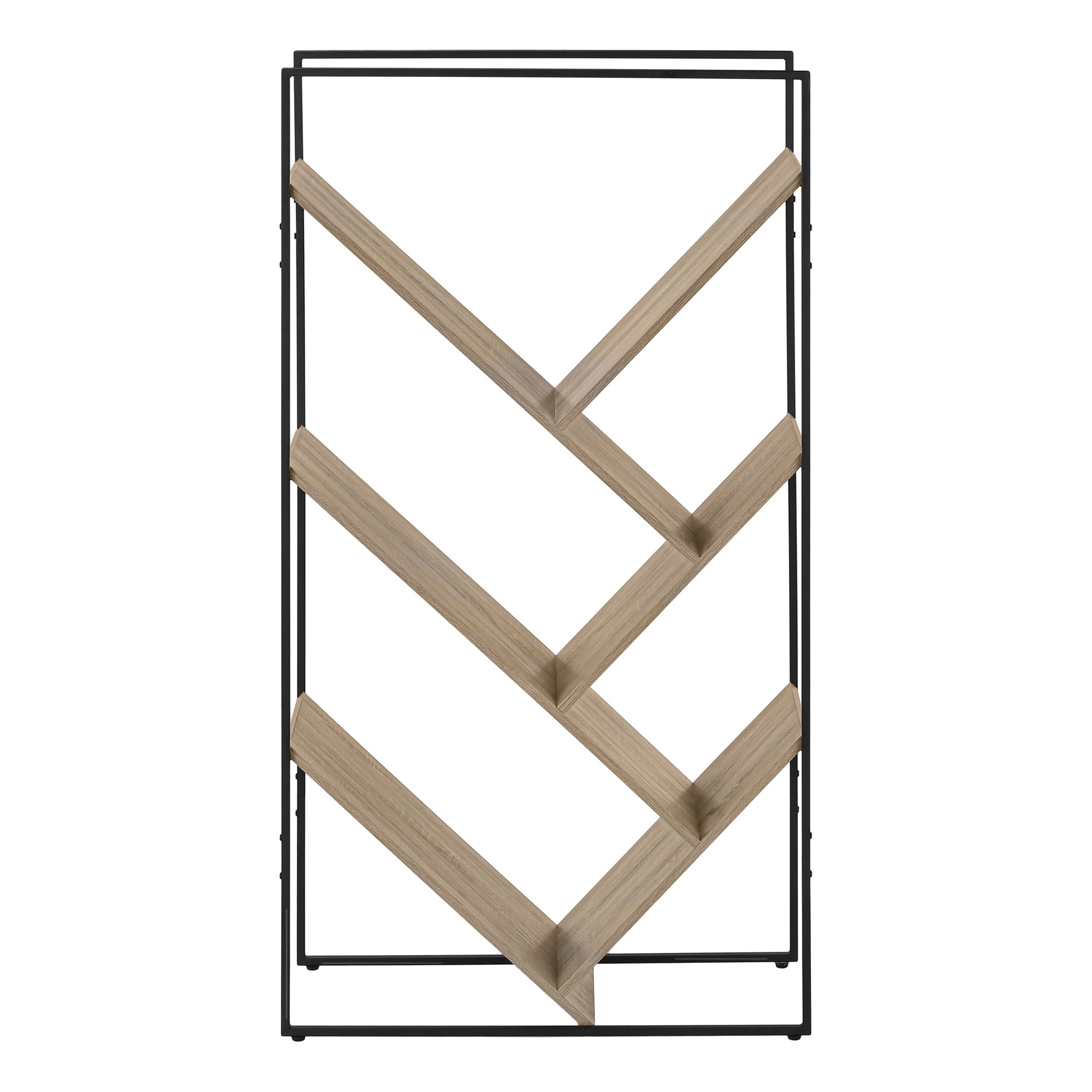 Modern metal bookshelf with light wood shelves