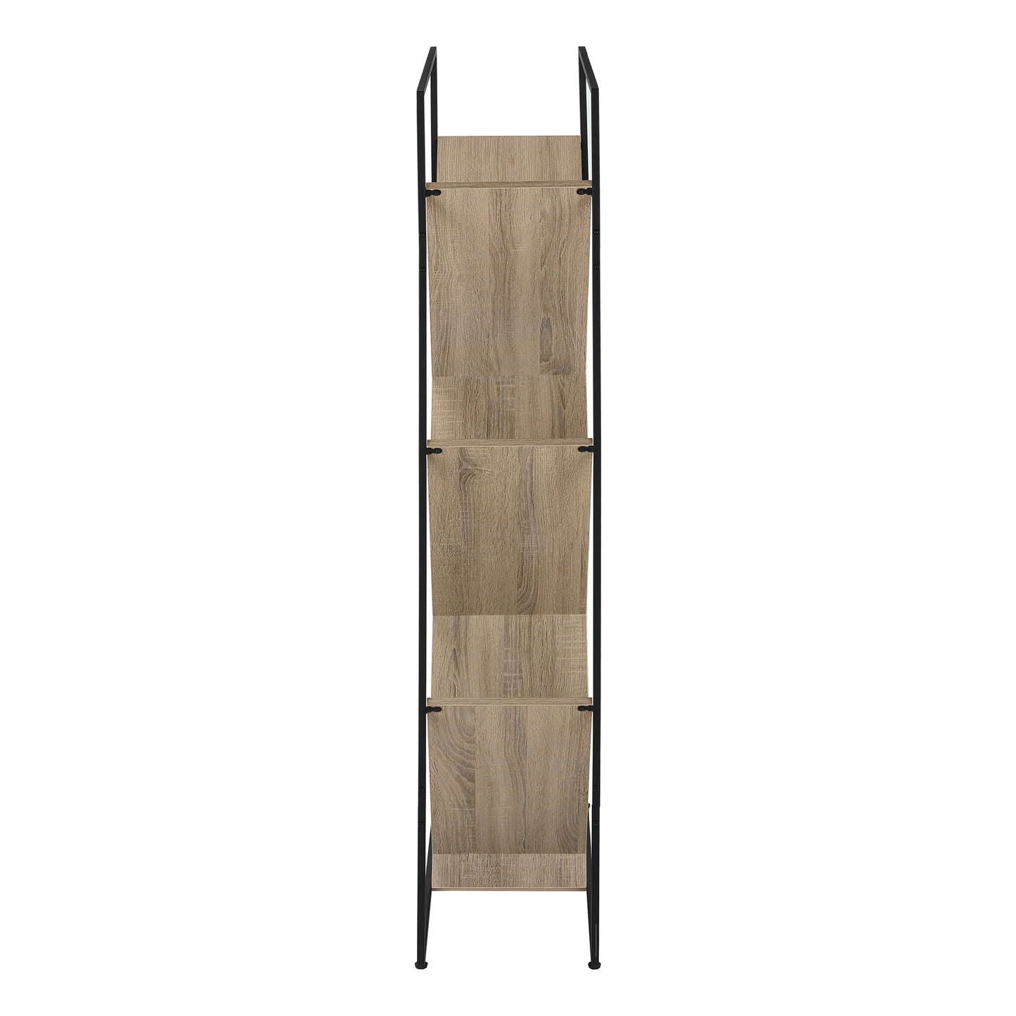 Tall wood grain shelf unit with black metal frame