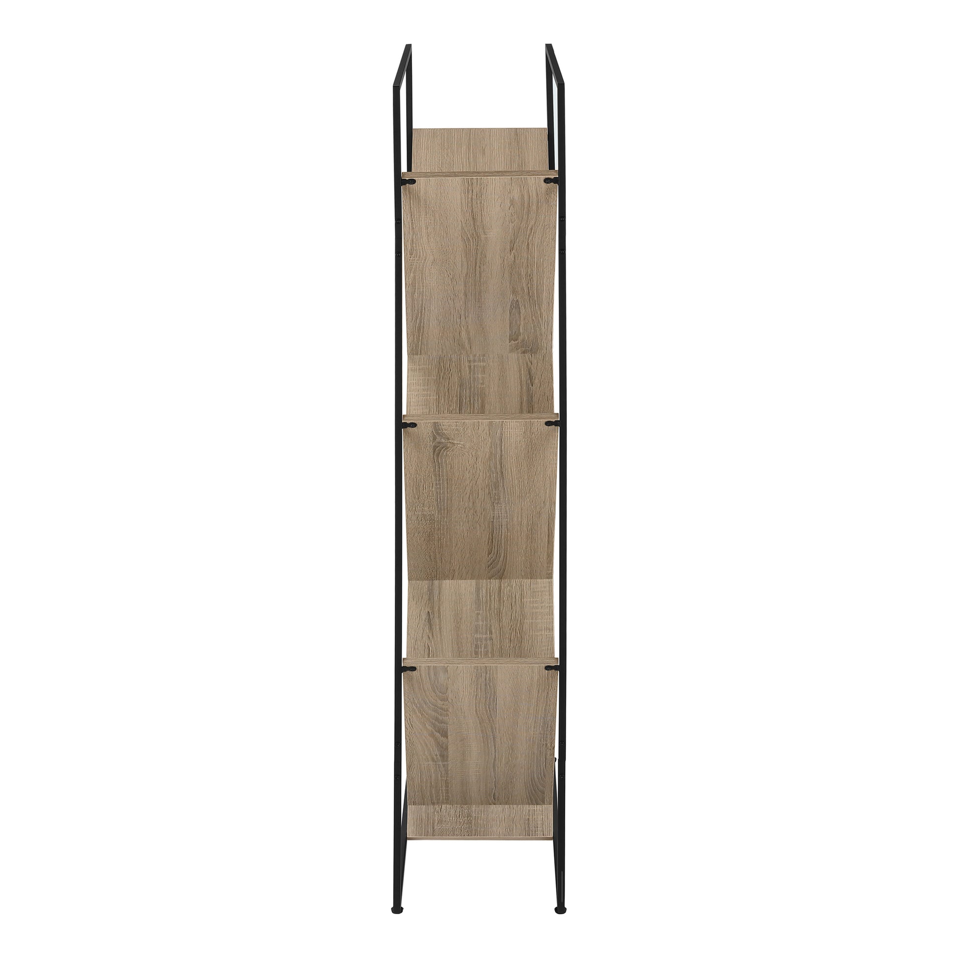 Tall wood grain shelf unit with black metal frame