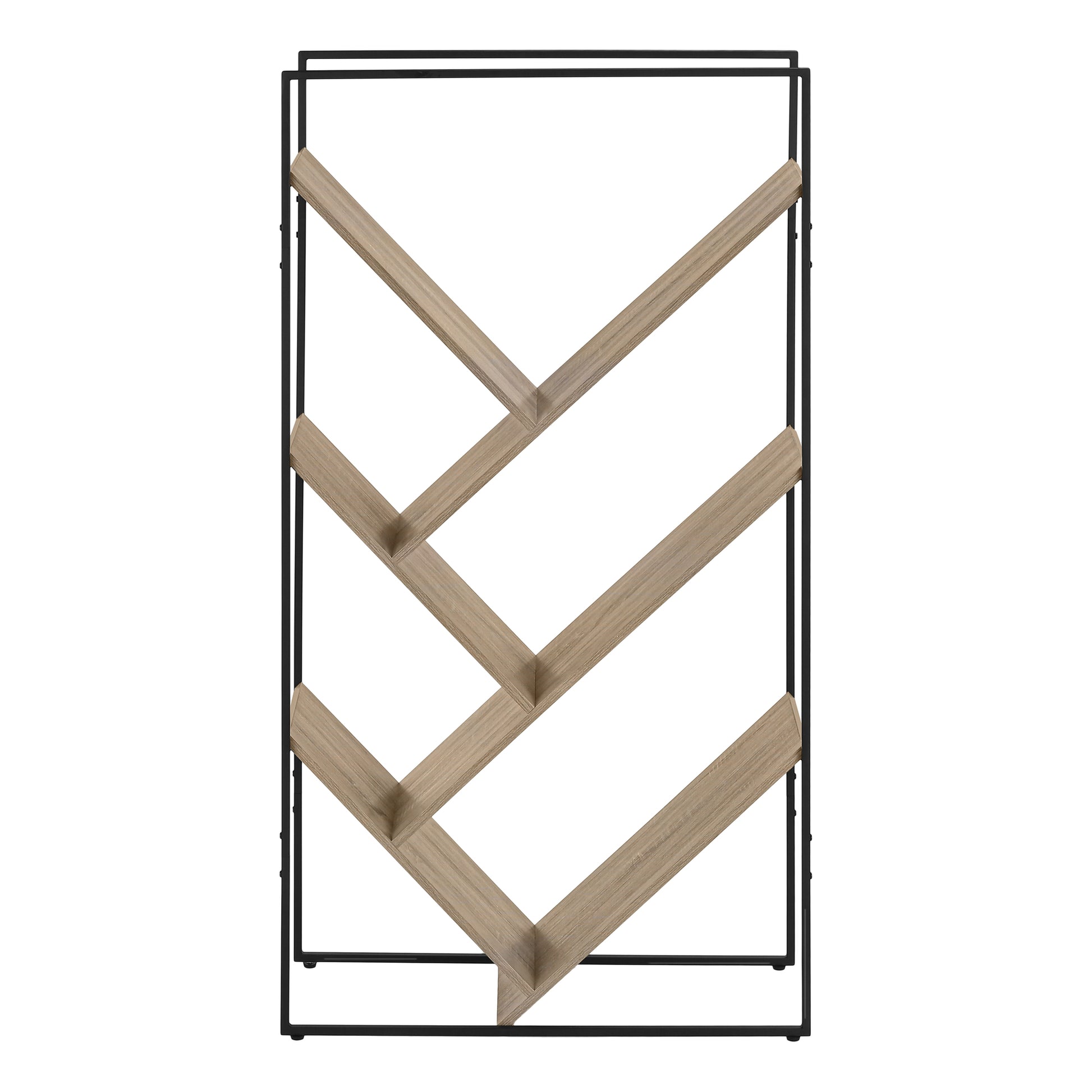 Modern black metal bookshelf with light wood shelves in a geometric zigzag pattern