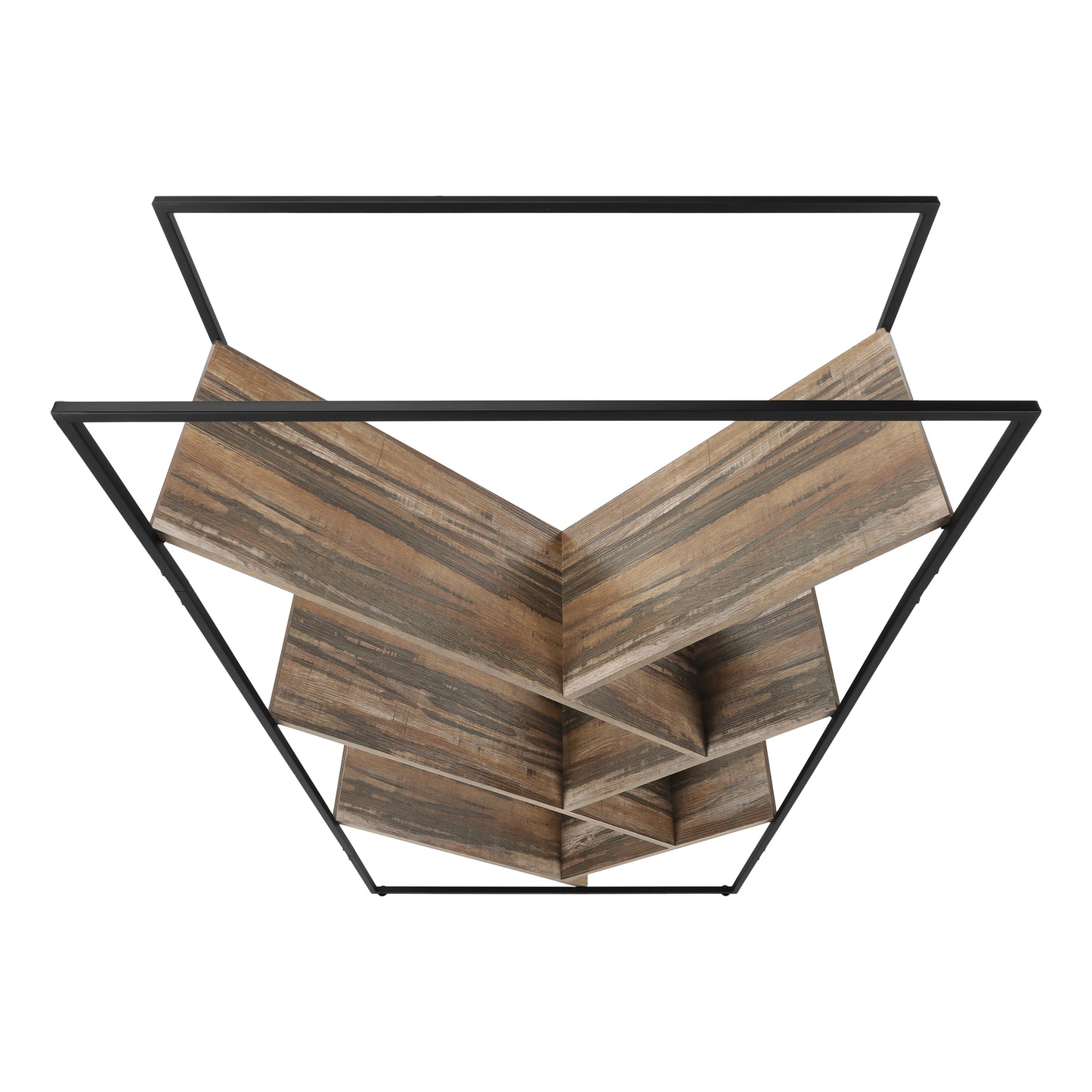 Modern geometric bookshelf with distressed wood shelves and black metal frame