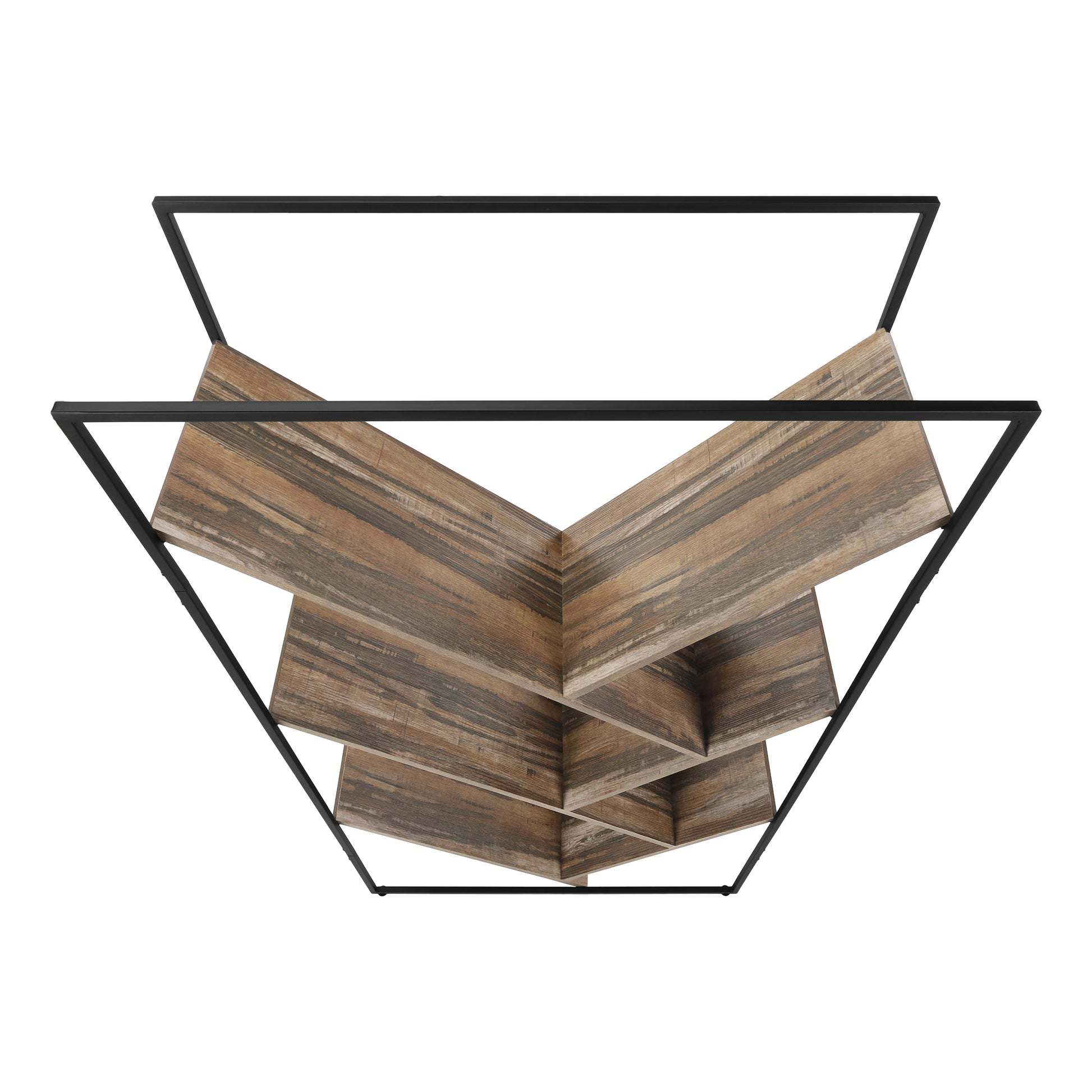 Modern geometric bookshelf with distressed wood shelves and black metal frame
