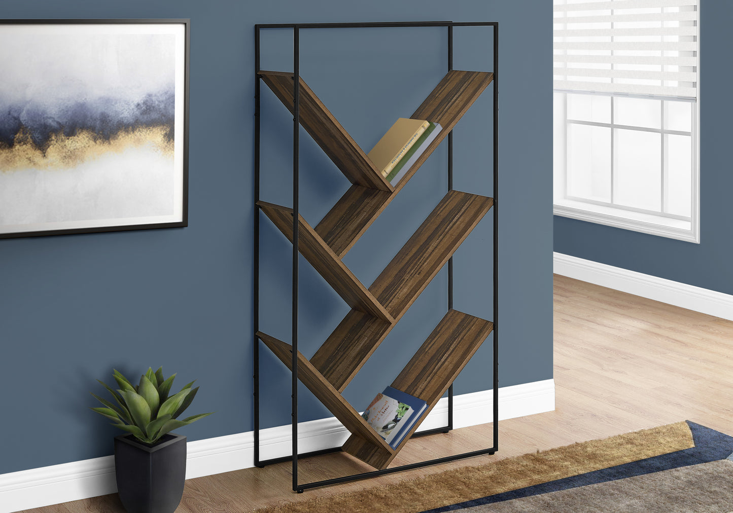 Modern black metal and wood grain bookshelf with offset shelves