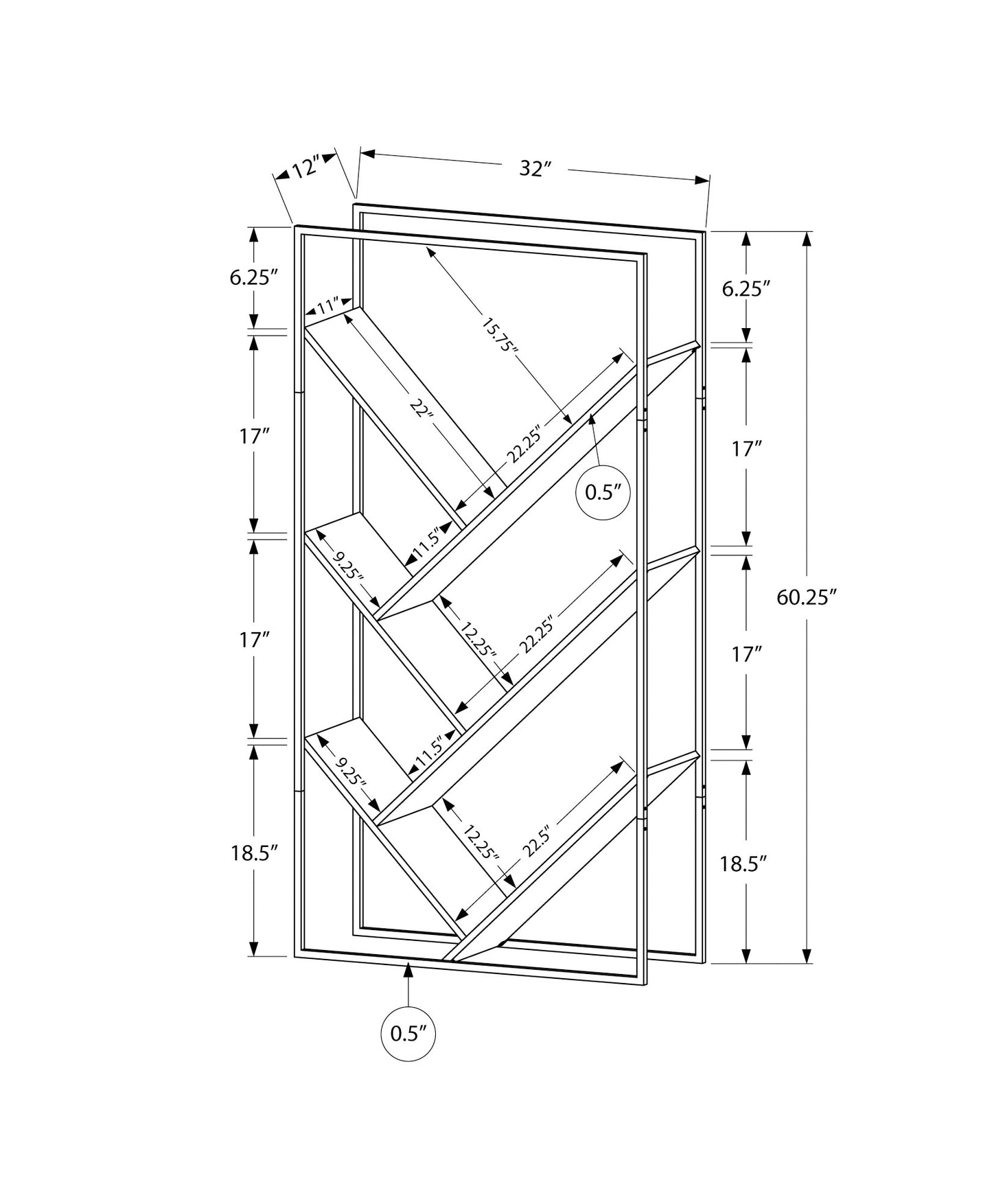 Technical drawing of a modern zigzag bookshelf with dimensions