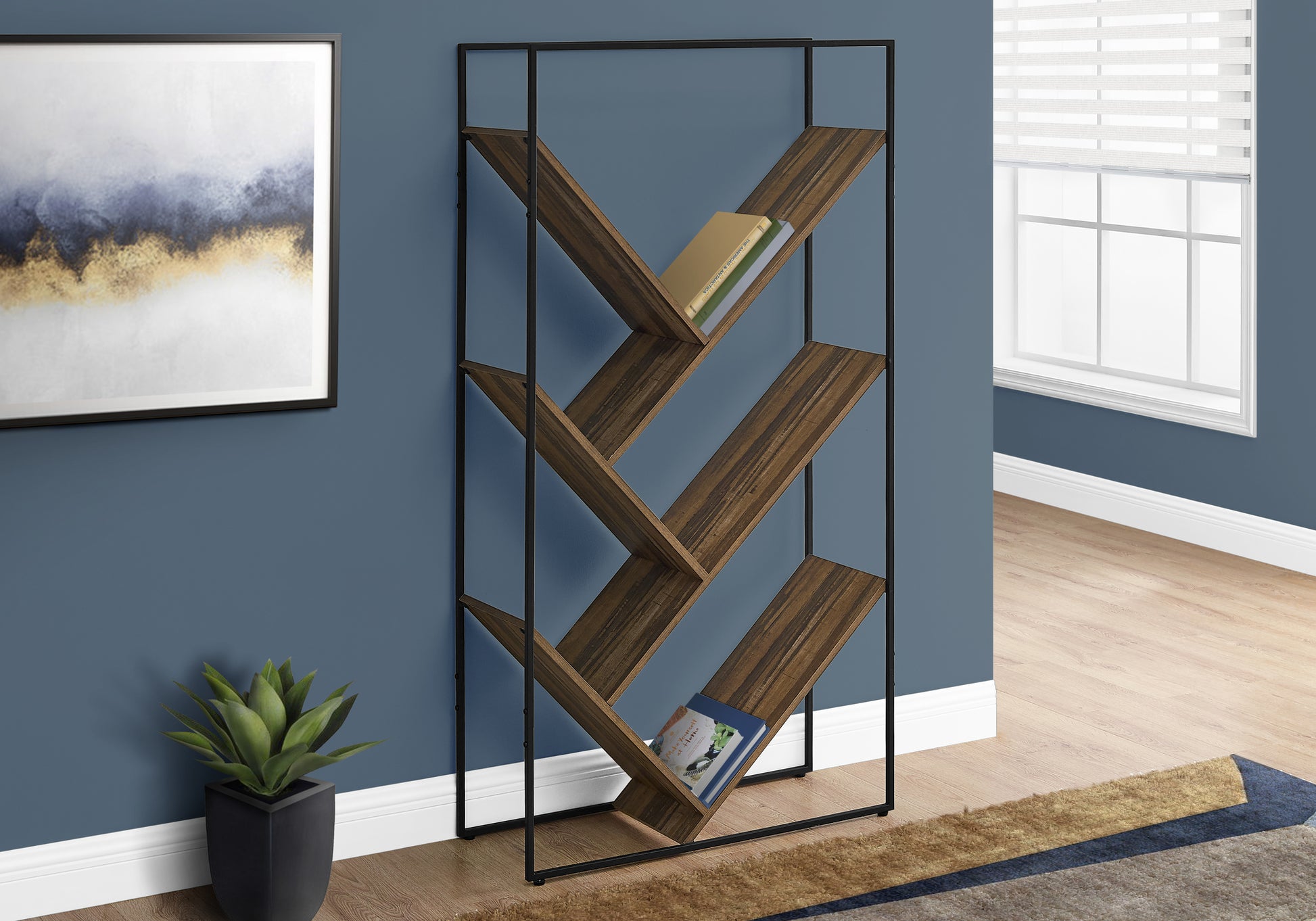 Modern black metal bookshelf with rustic wood shelves