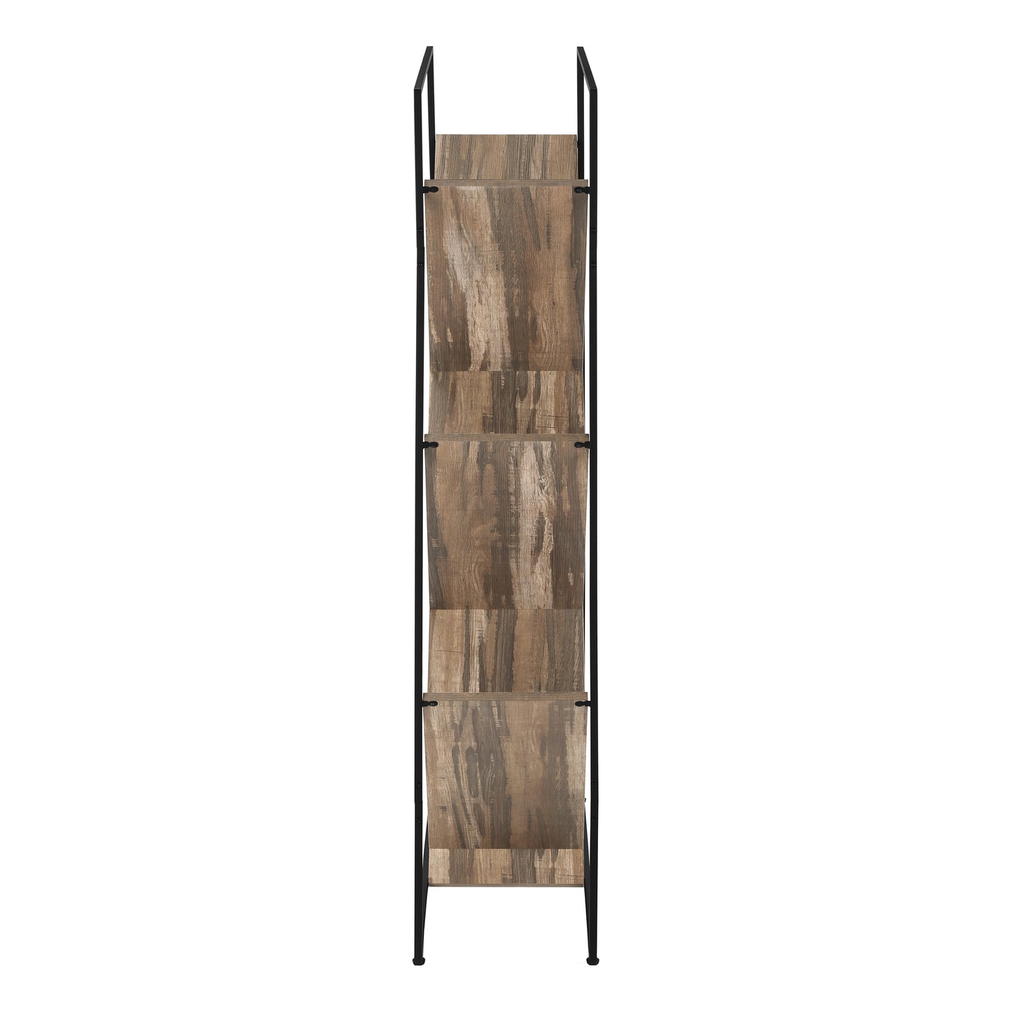 Tall black metal frame bookshelf with rustic wood shelves