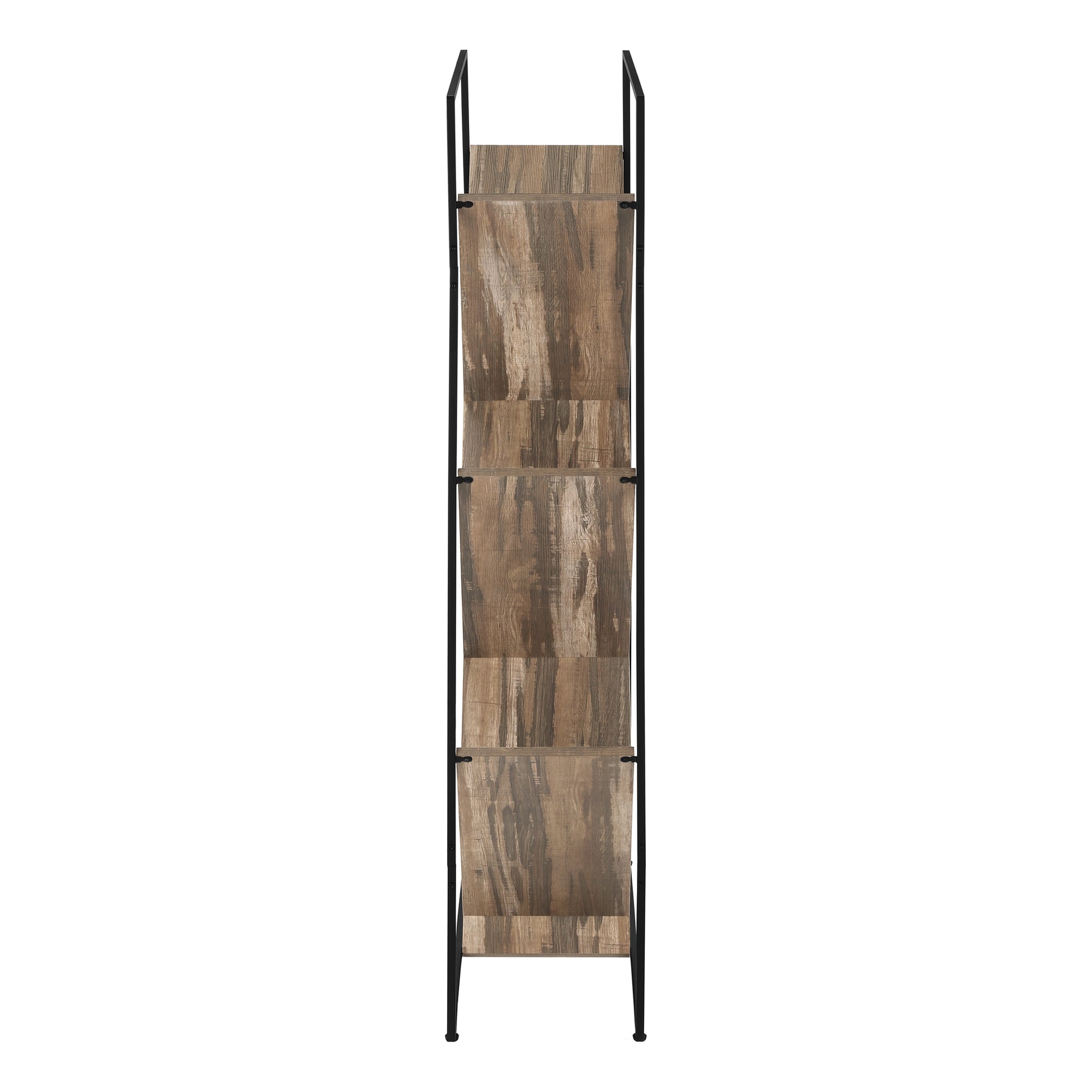 Tall black metal frame bookshelf with rustic wood shelves