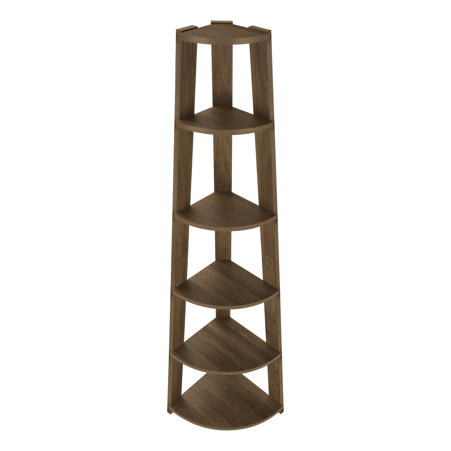 Tall fivetier wooden corner shelf in walnut finish