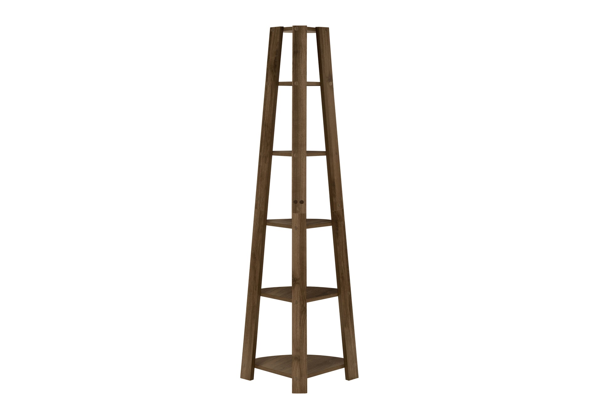 Tall wooden corner shelf unit with tiered triangular shelves