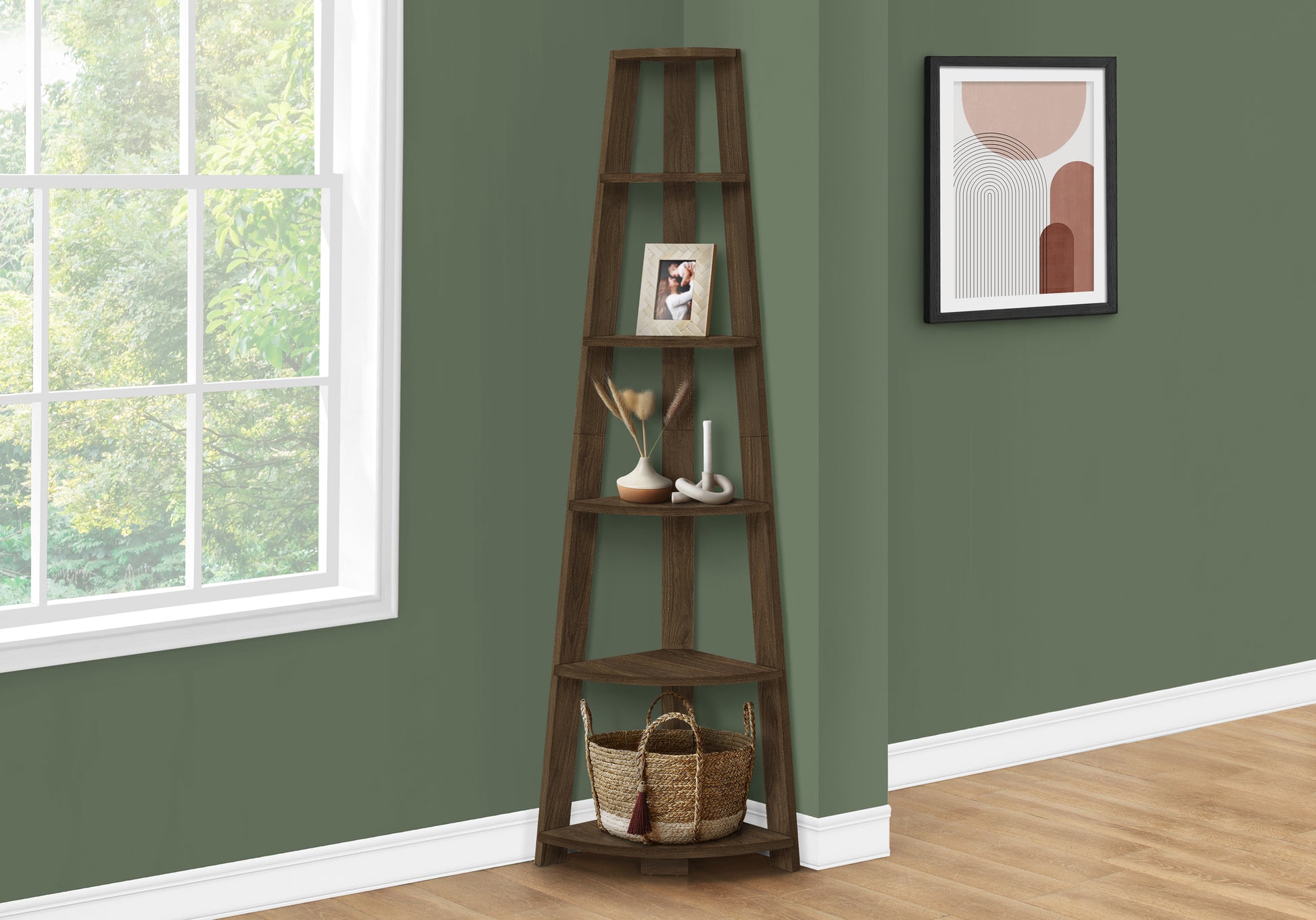 Tall dark brown wooden corner shelf with five tiers