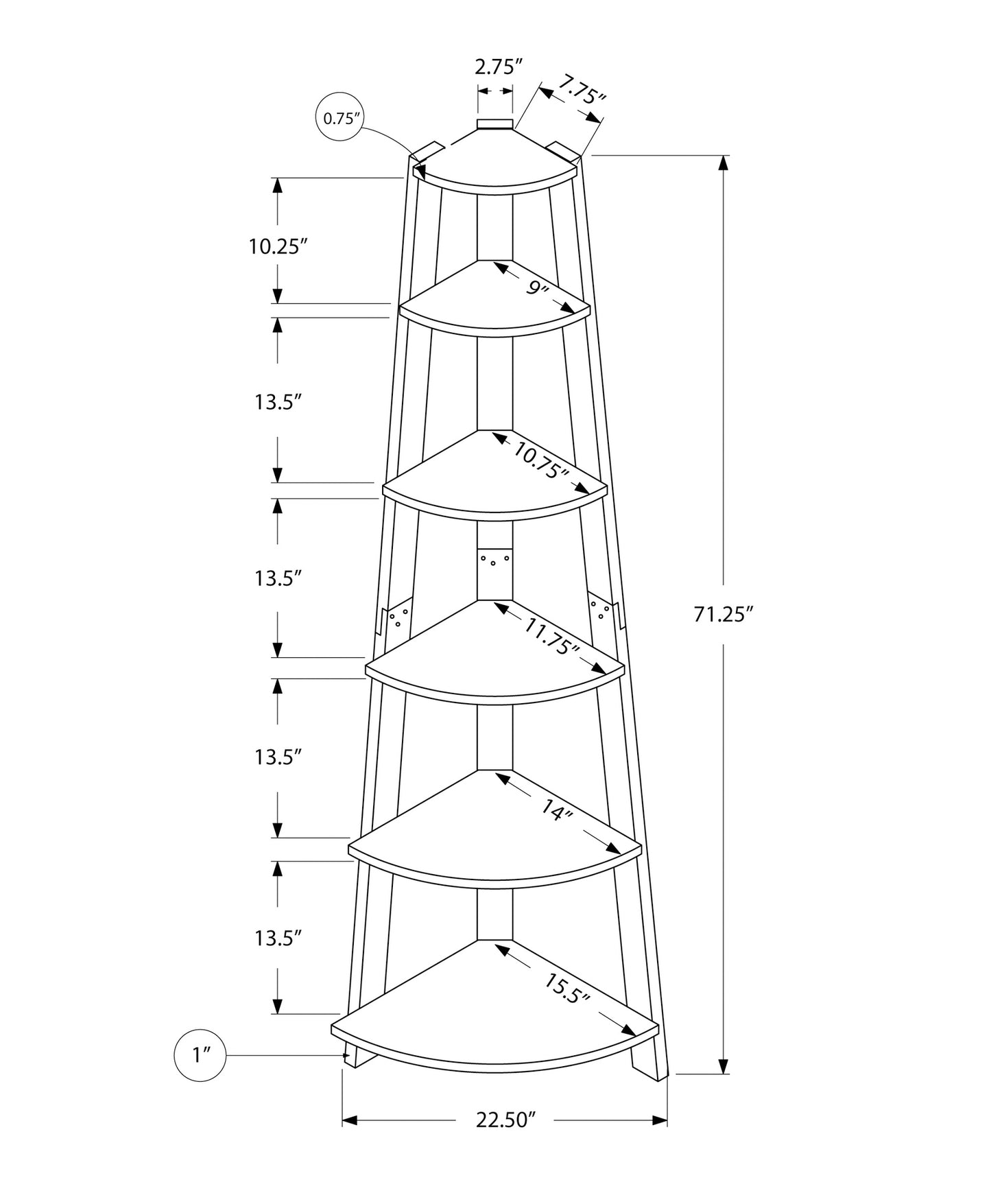 Diagram of a fivetier corner shelf with dimensions