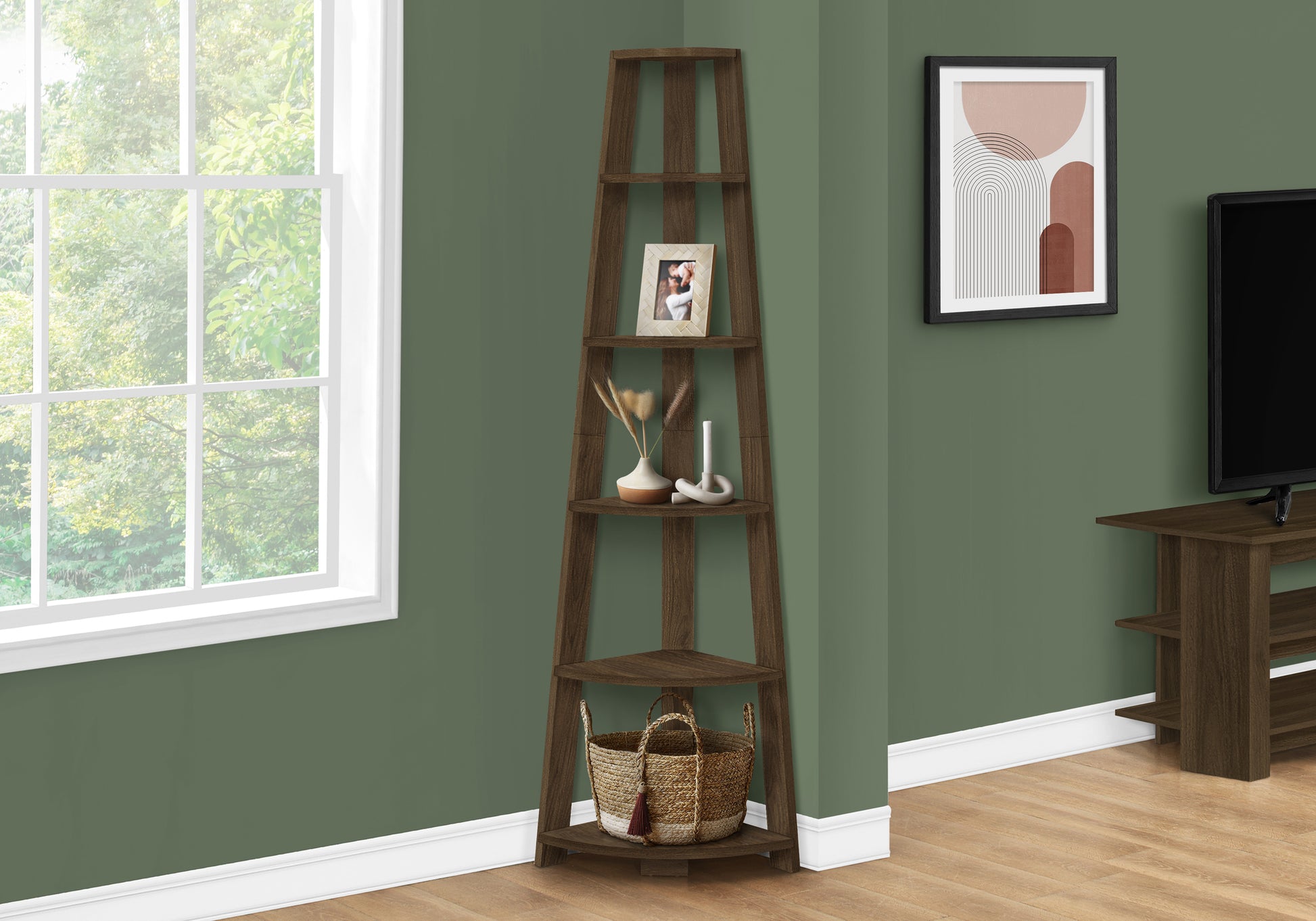 Tall dark brown wood corner shelf with five tiers
