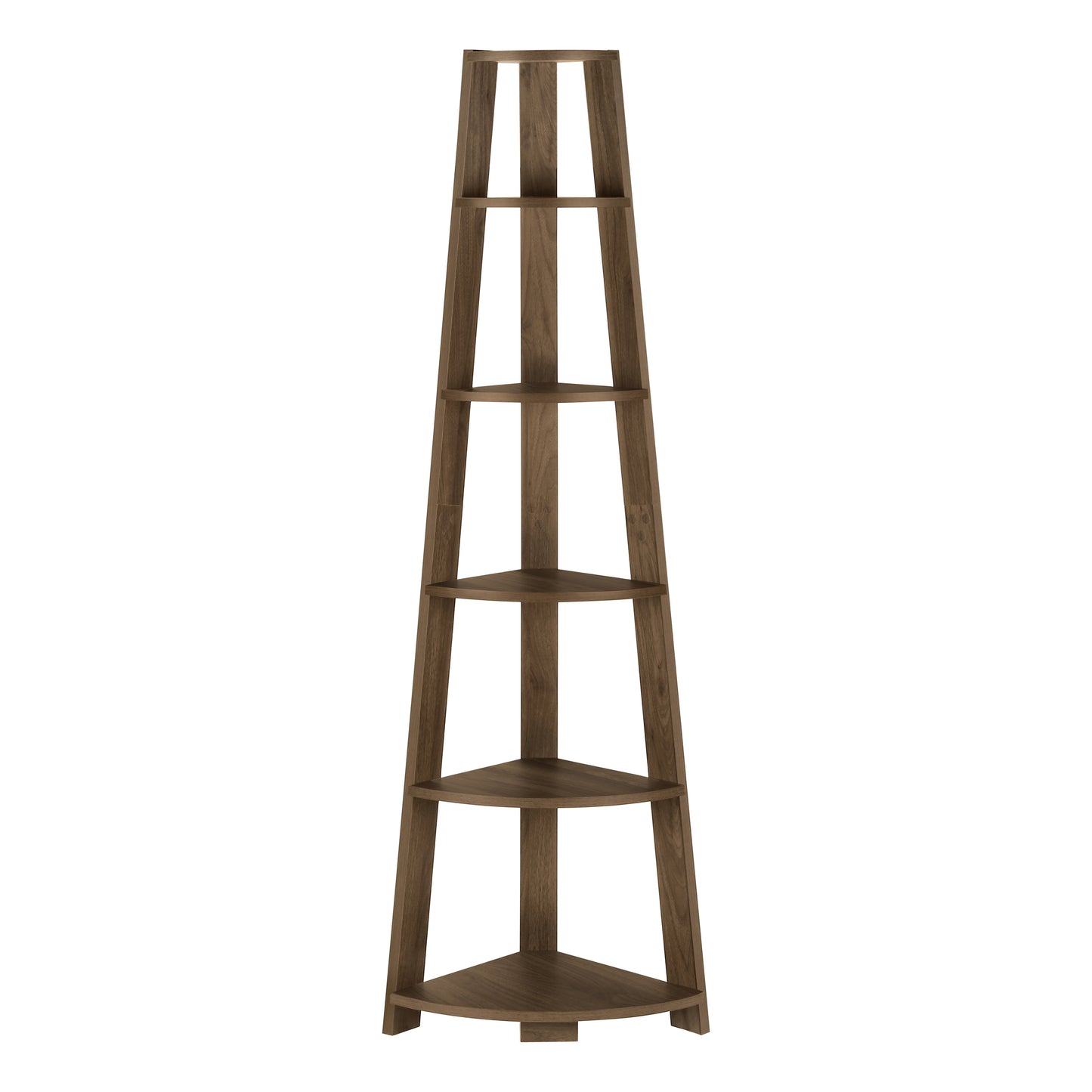 Tall dark wood corner shelf with five triangular tiers