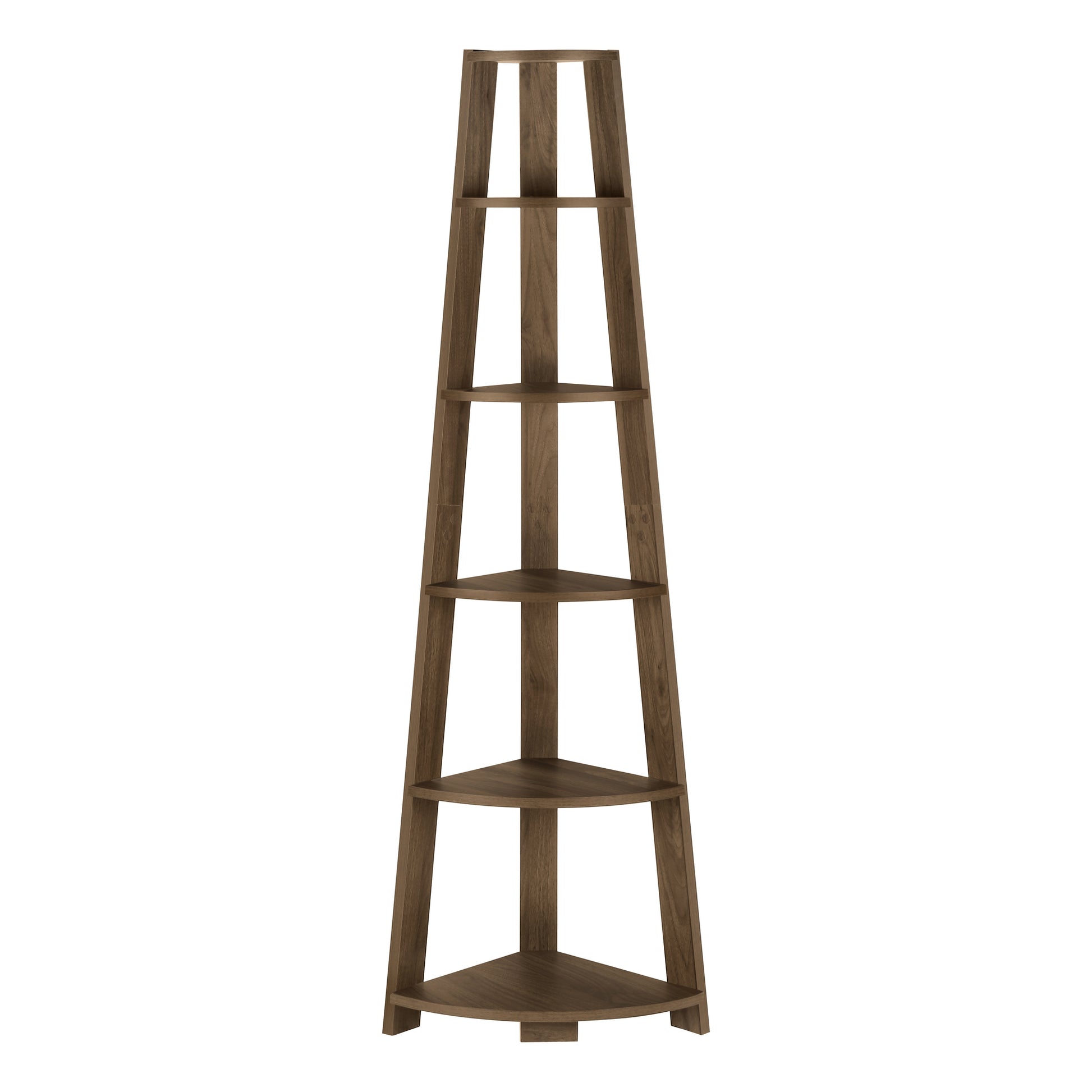 Tall dark wood corner shelf with five triangular tiers