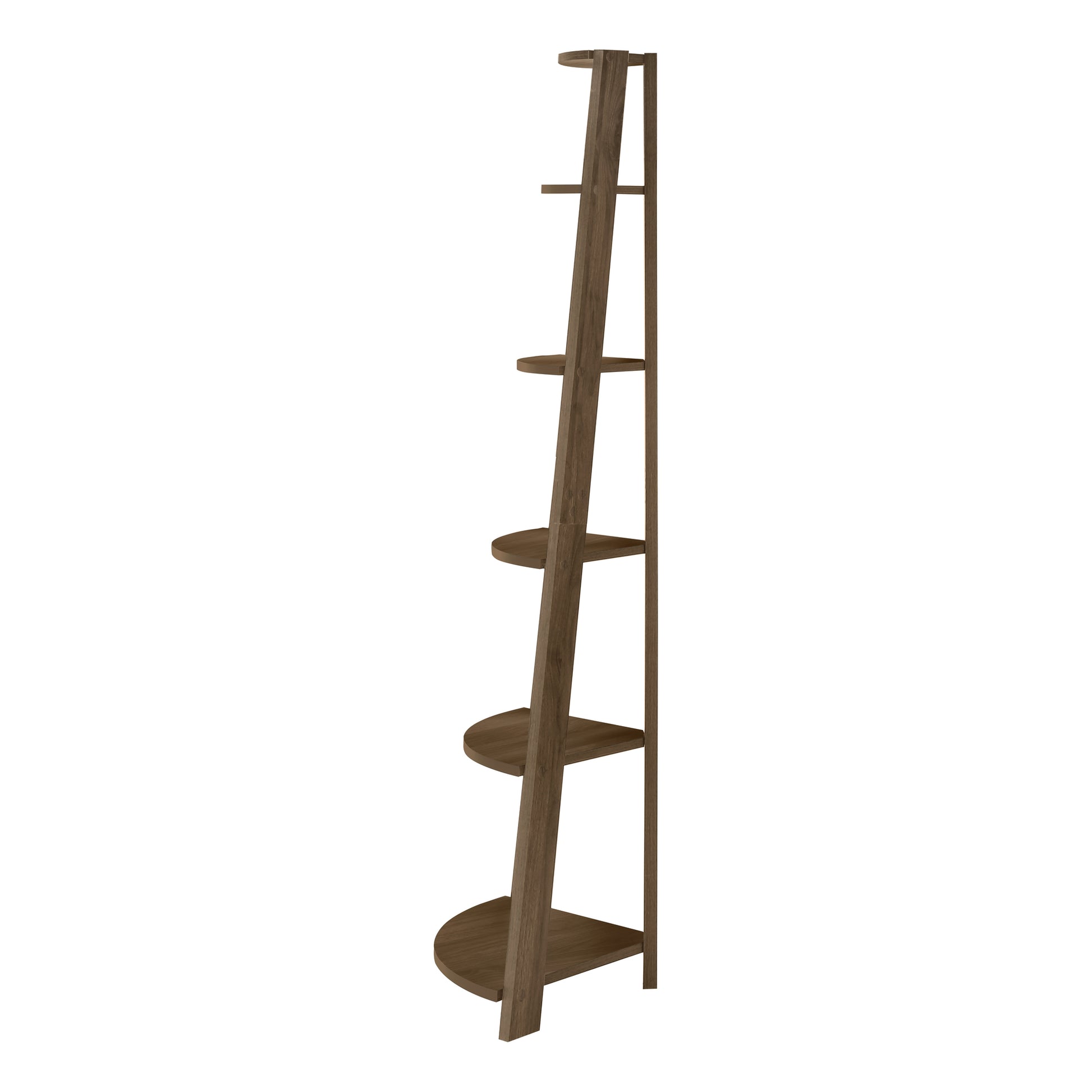 Modern leaning bookshelf with five staggered wooden shelves