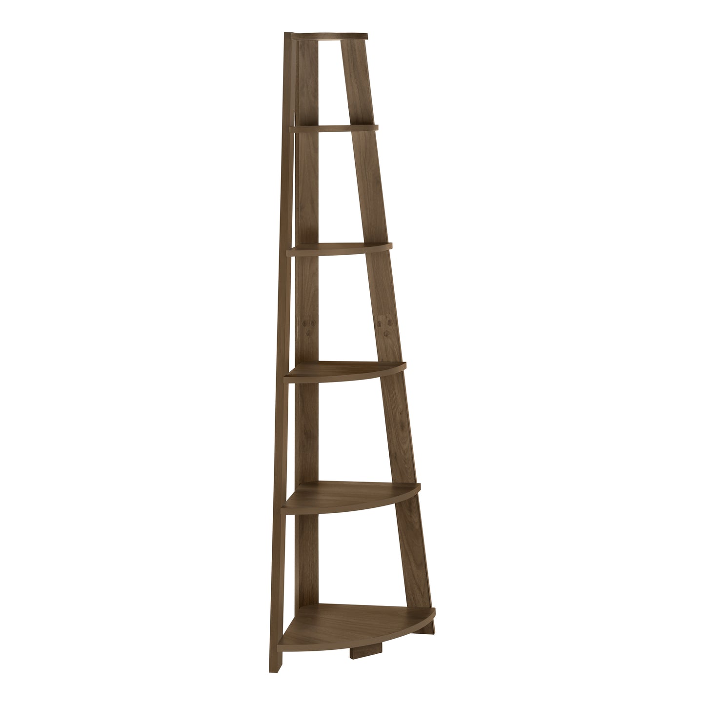 Tall dark brown ladder bookshelf with five corner shelves