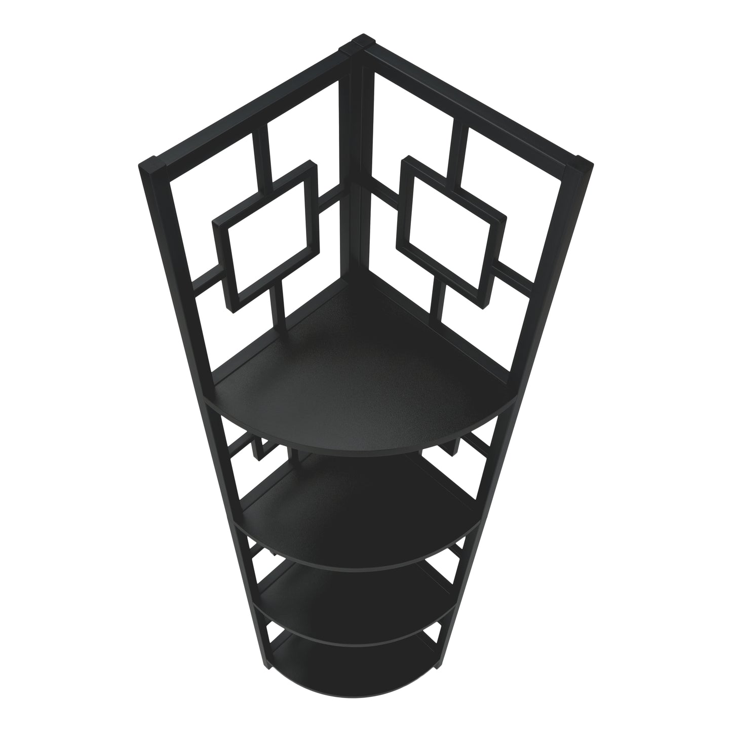 Black metal fivetier corner shelf with geometric cutouts