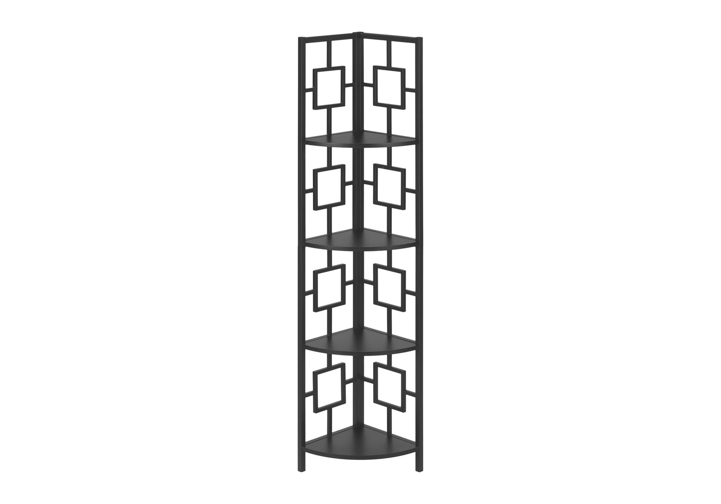 Black metal corner shelf with geometric openwork design  tiers for storage