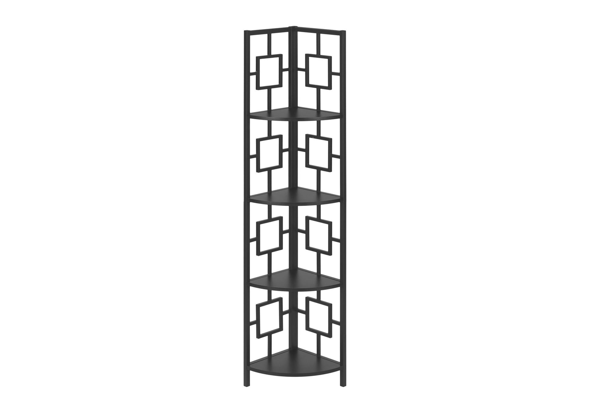 Black metal corner shelf with geometric openwork design  tiers for storage