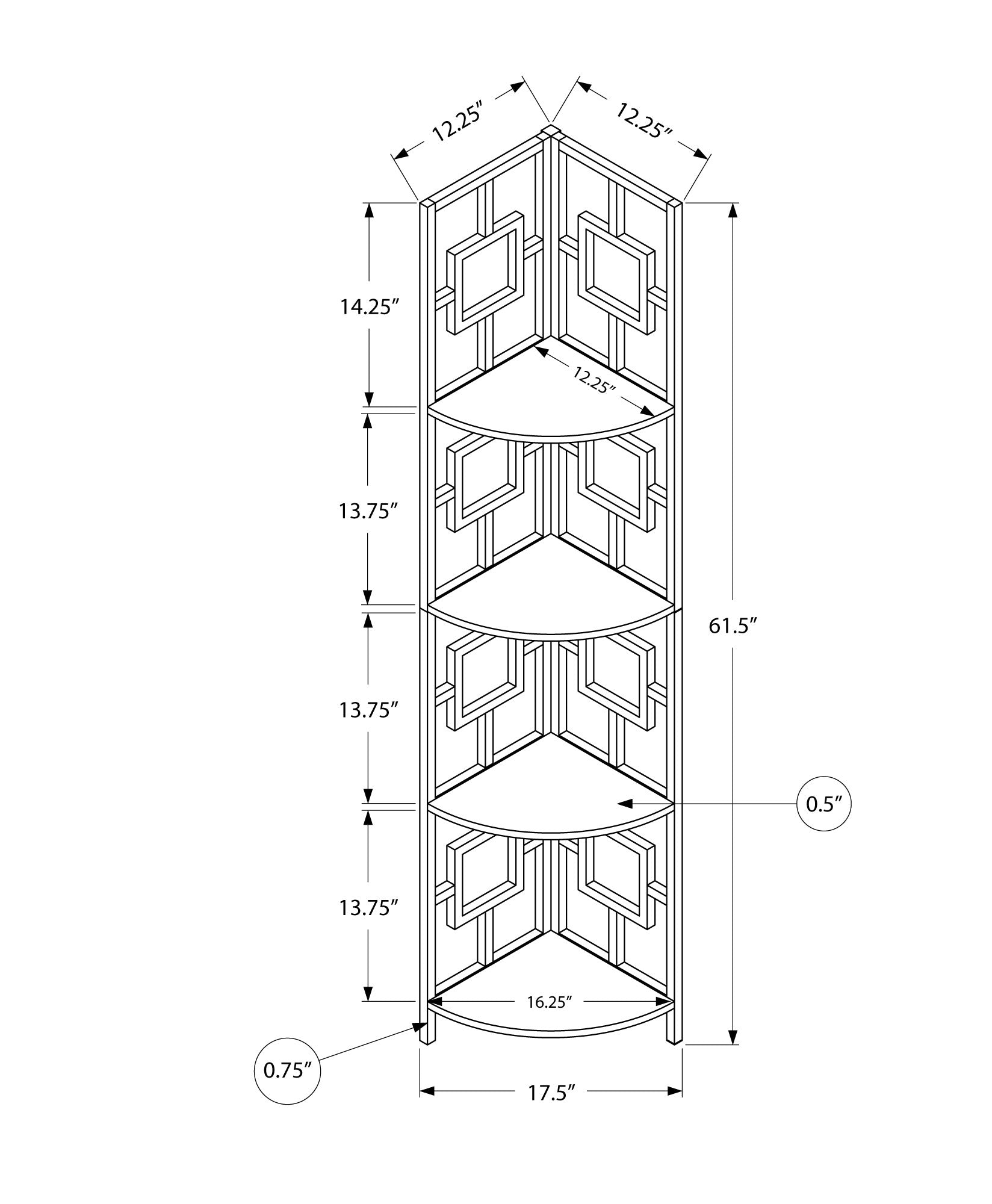 Architectural line drawing of a modern geometric corner shelf unit with dimension callouts