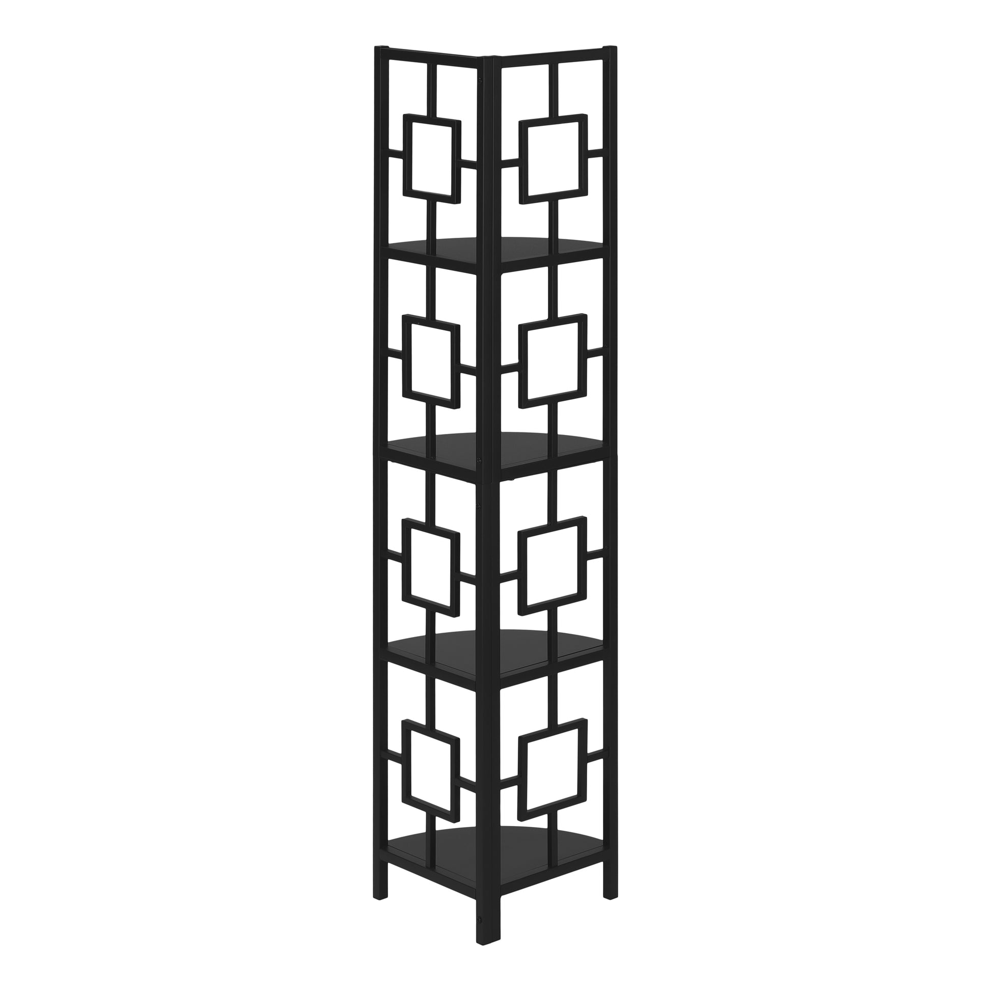 Black metal corner shelf with geometric cutout design