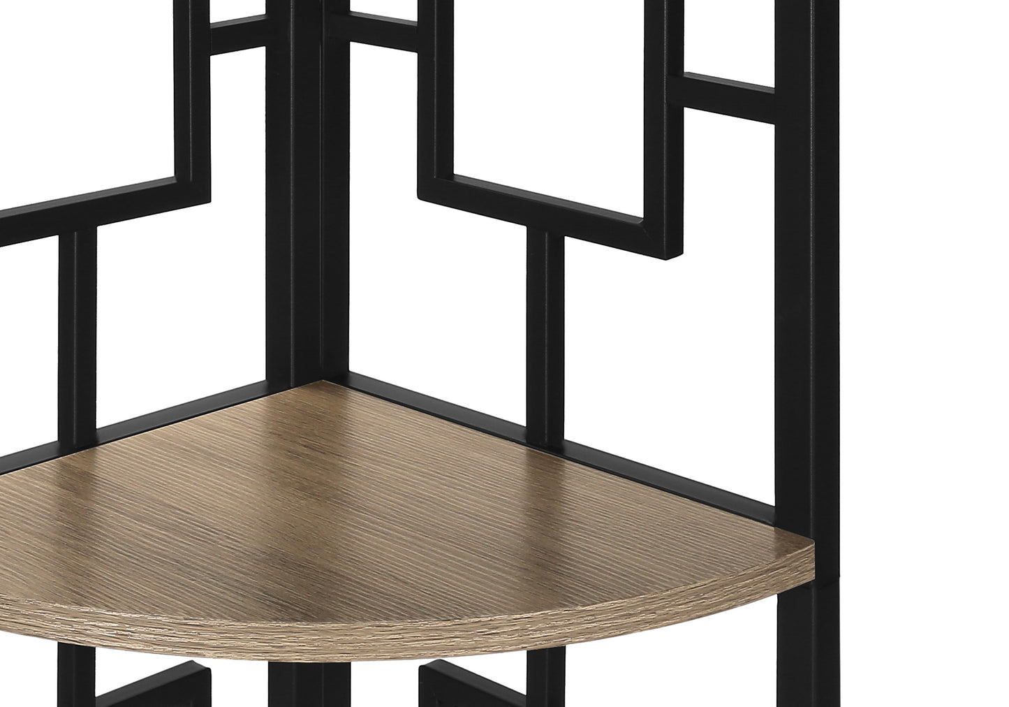 Black metal corner shelf with a faux wood grain plank