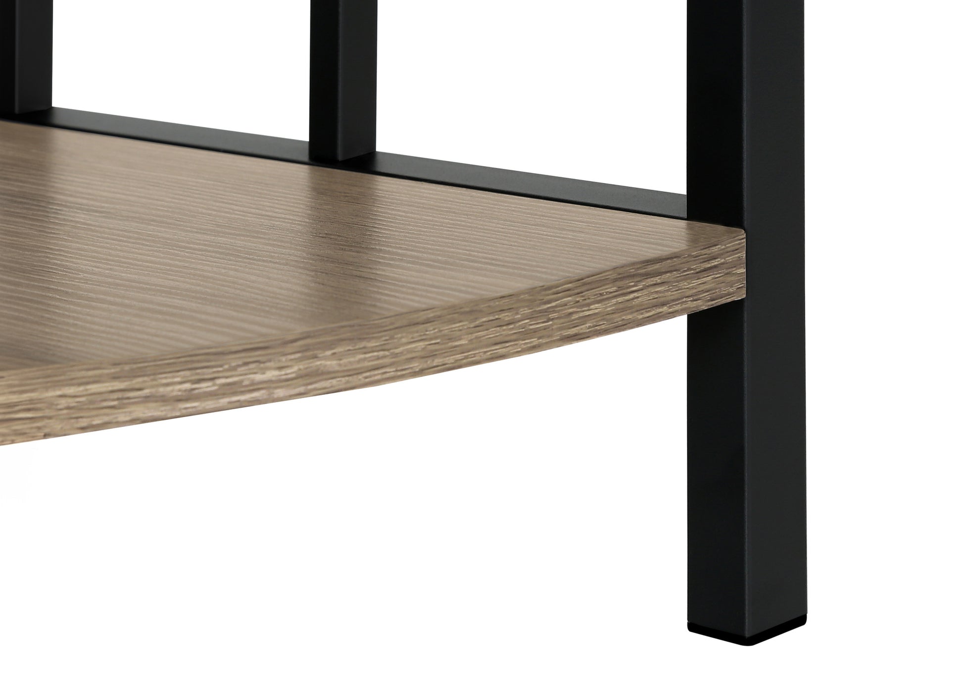 Closeup of rustic oak shelf with black metal frame