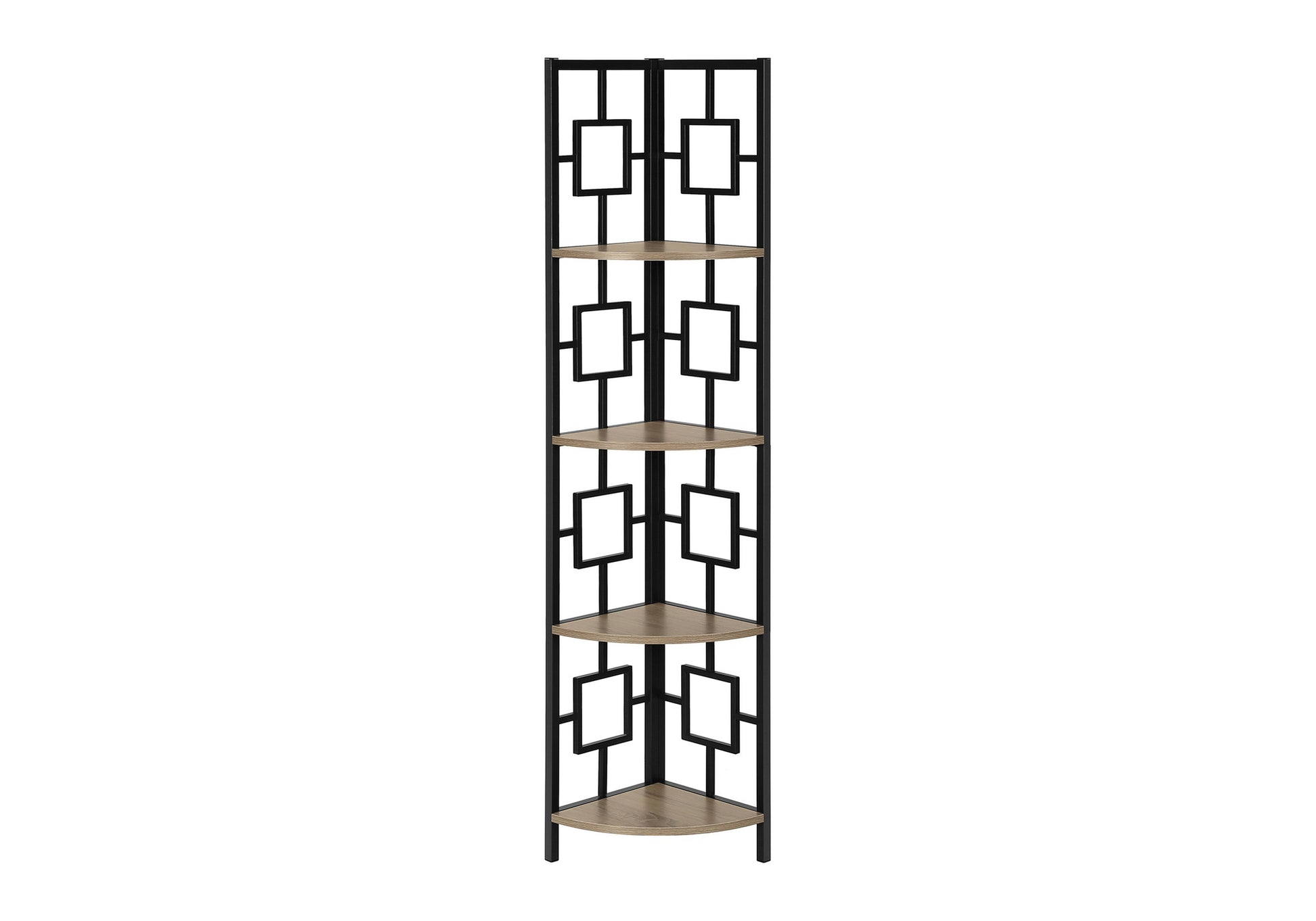Black metal and wood tier corner shelf with geometric design