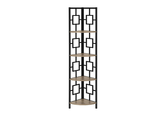 Black metal and wood tier corner shelf with geometric design