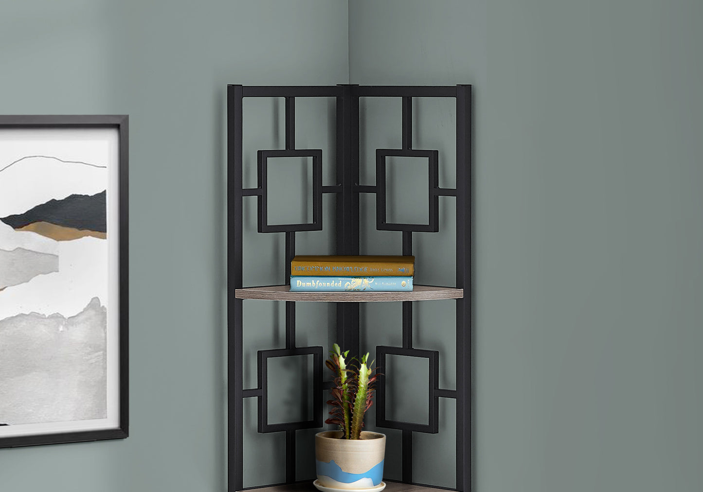 Black metal geometric corner shelf with woodgrain finish shelf