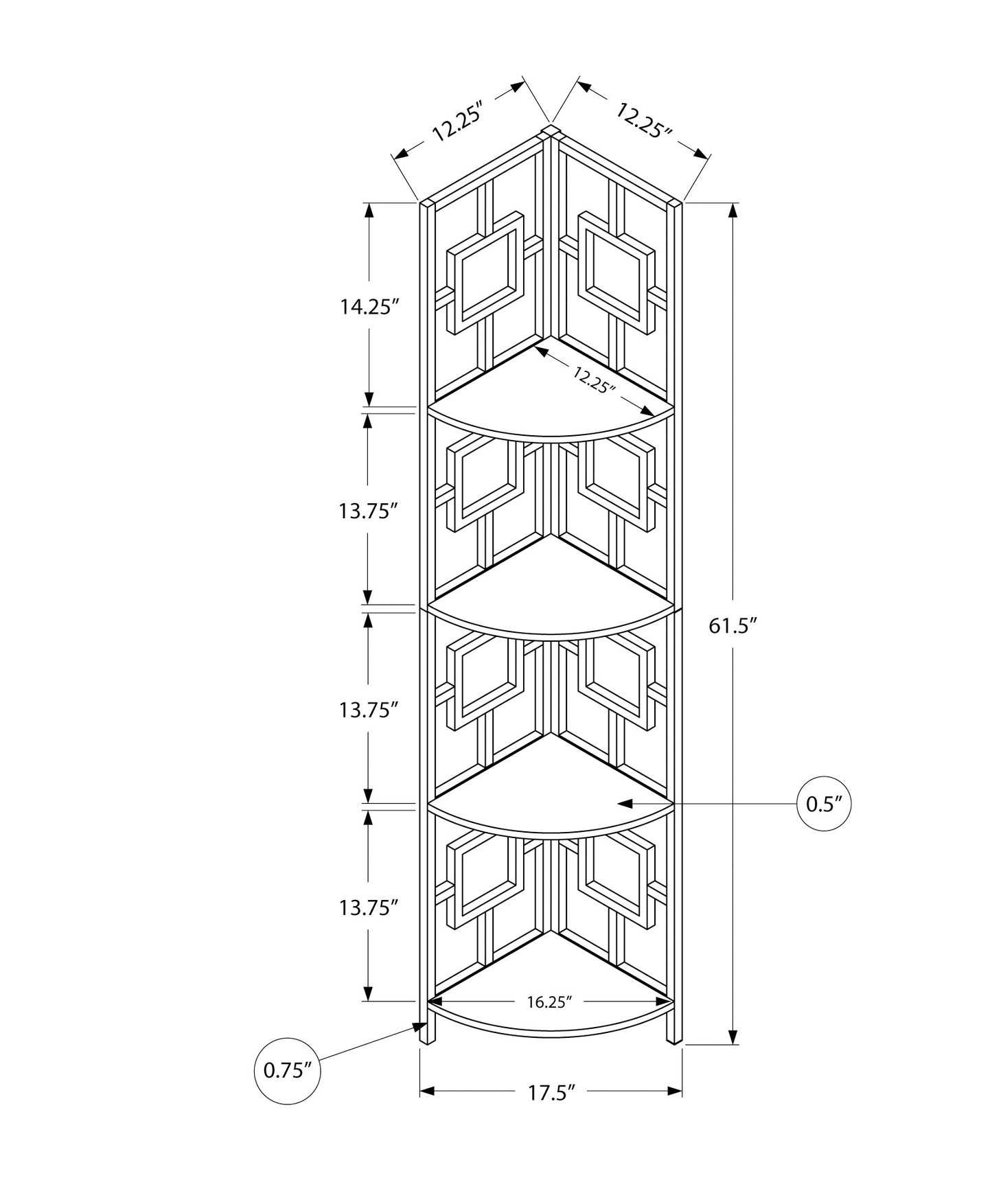 Stylish metal corner shelf unit with geometric accents