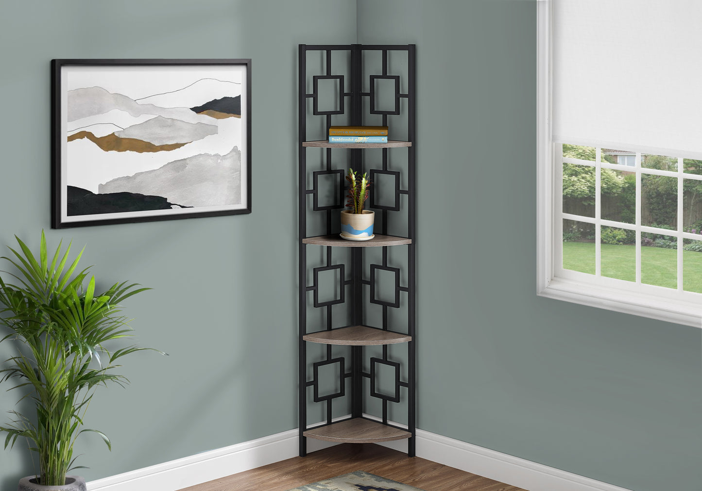 Modern black metal corner shelf with woodlook shelves