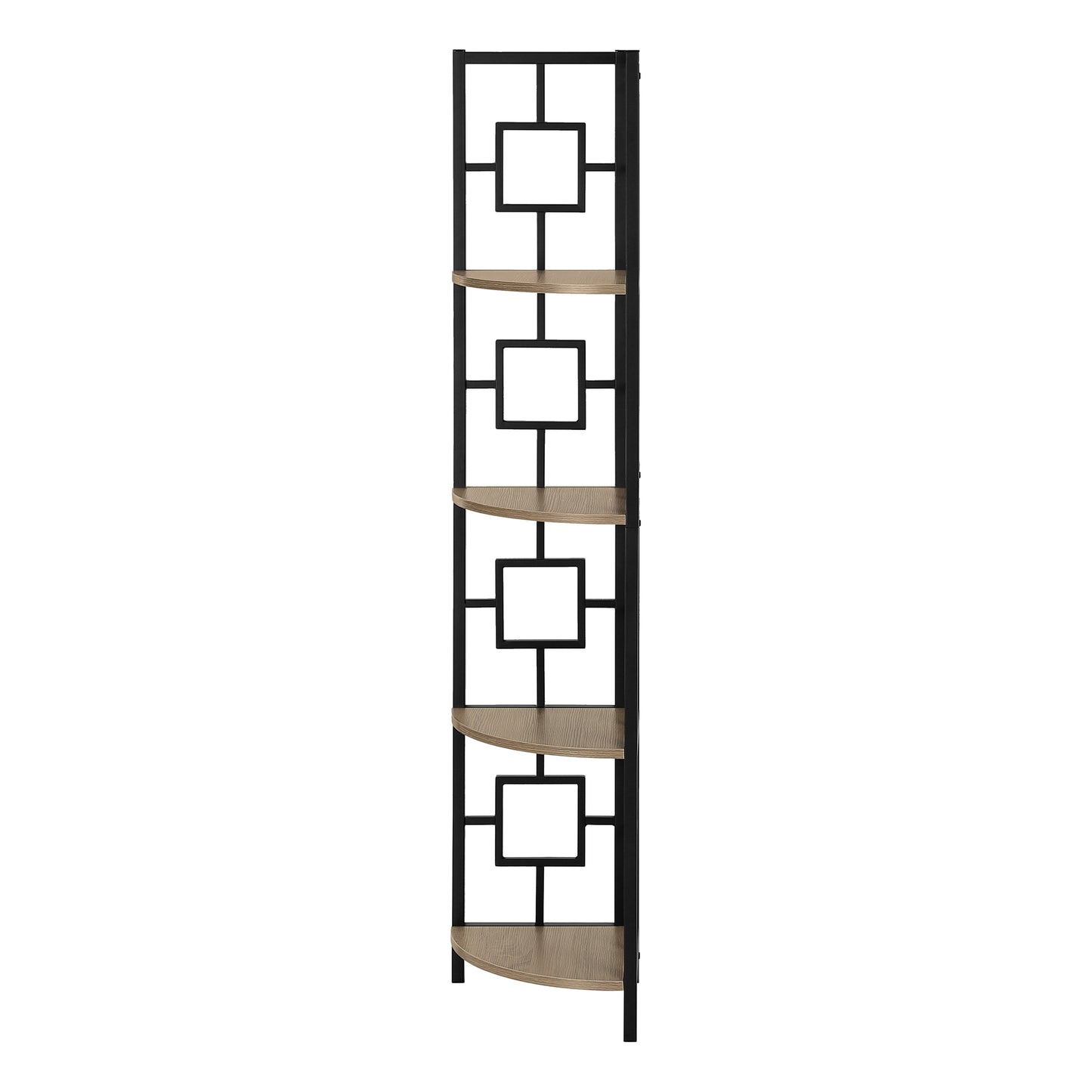 Black metal corner shelf with woodlook shelves and geometric pattern