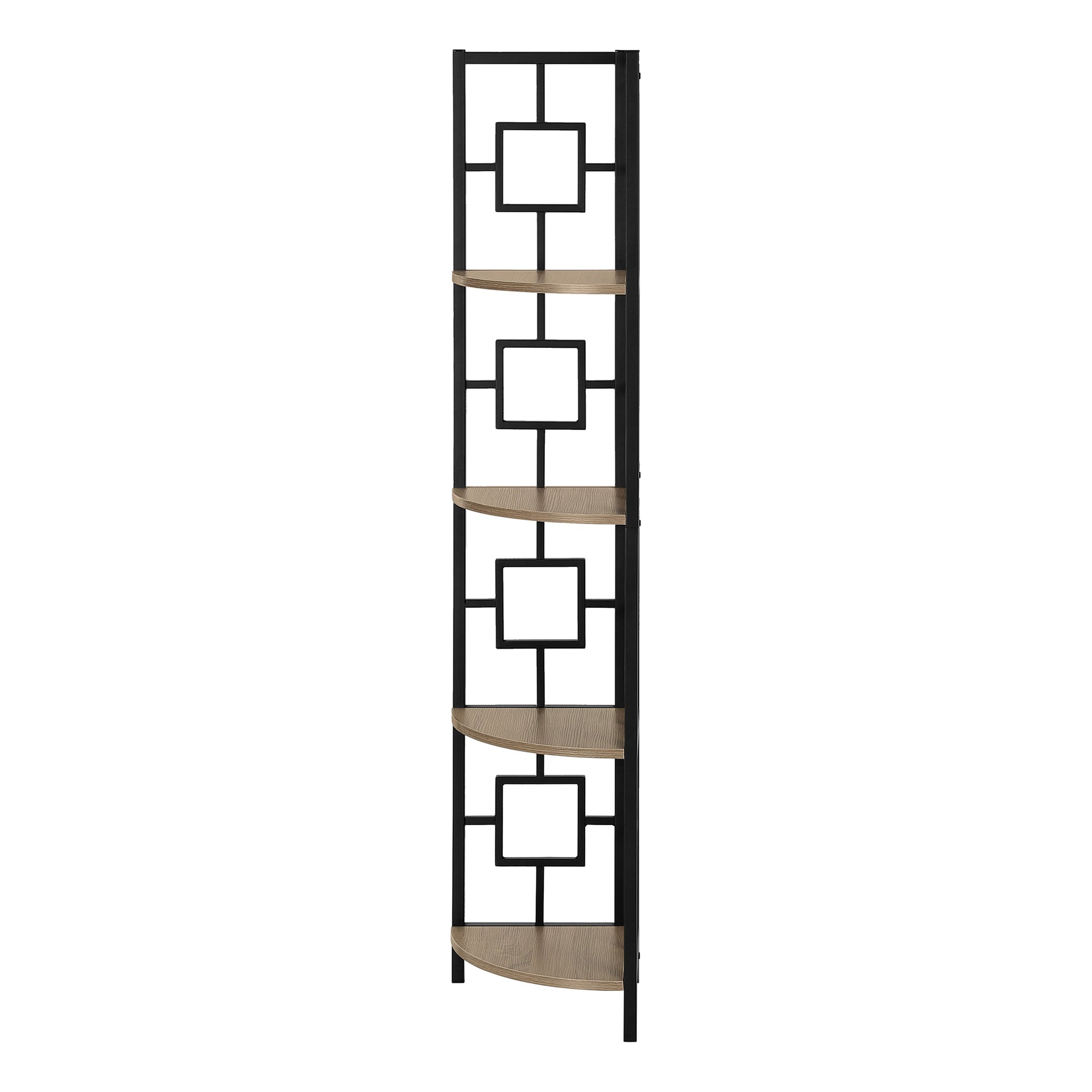 Black metal corner shelf with woodlook shelves and geometric pattern