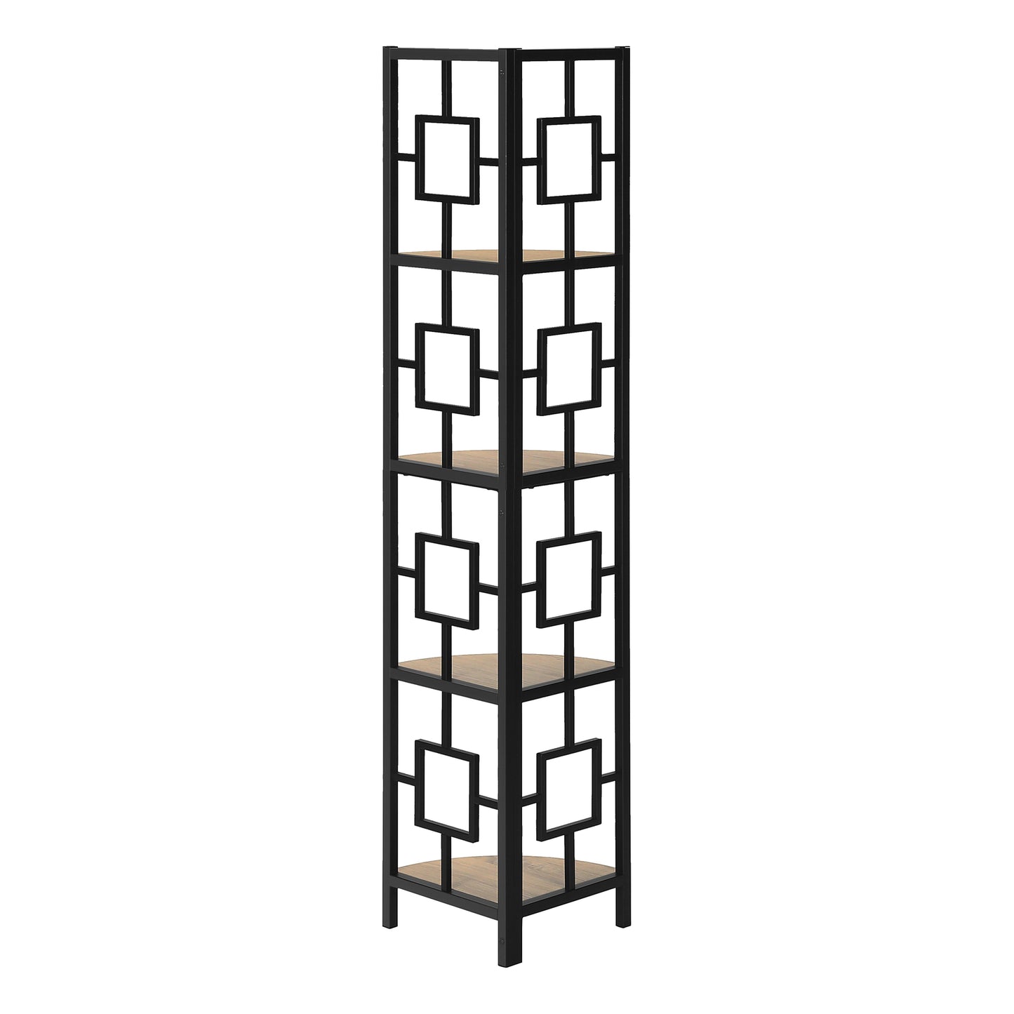 Tall black metal corner shelf with wood shelves and geometric cutouts