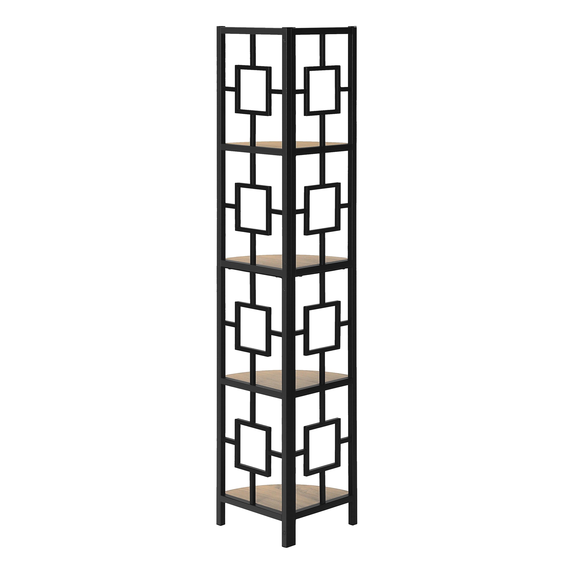Tall black metal corner shelf with wood shelves and geometric cutouts
